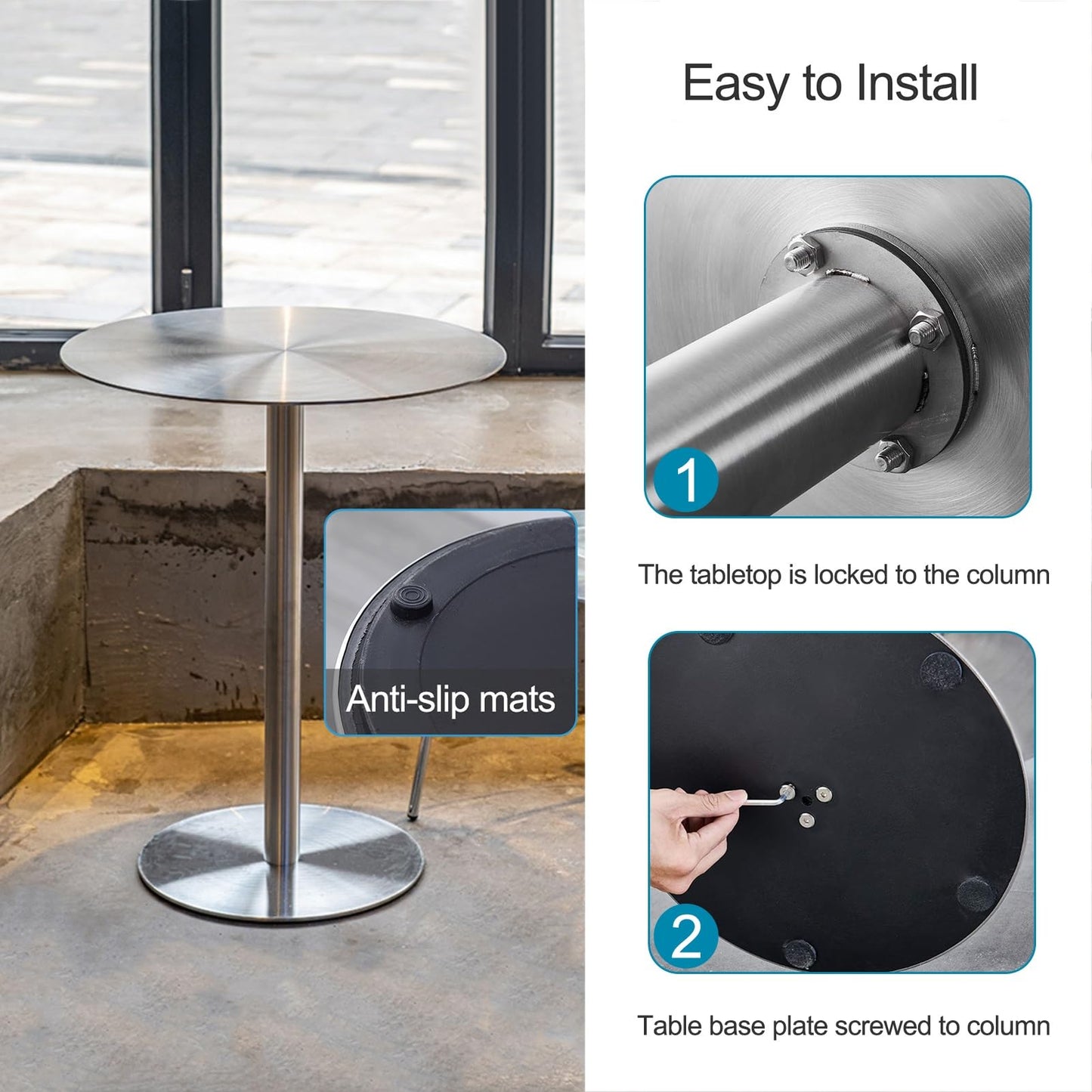 Modern Stainless Steel High Table, Sturdy Bistro Table for Restaurant & Cafe, Easy Assembly Tall Dining Table, Silver Finish, 40x40x95cm for Commercial Use