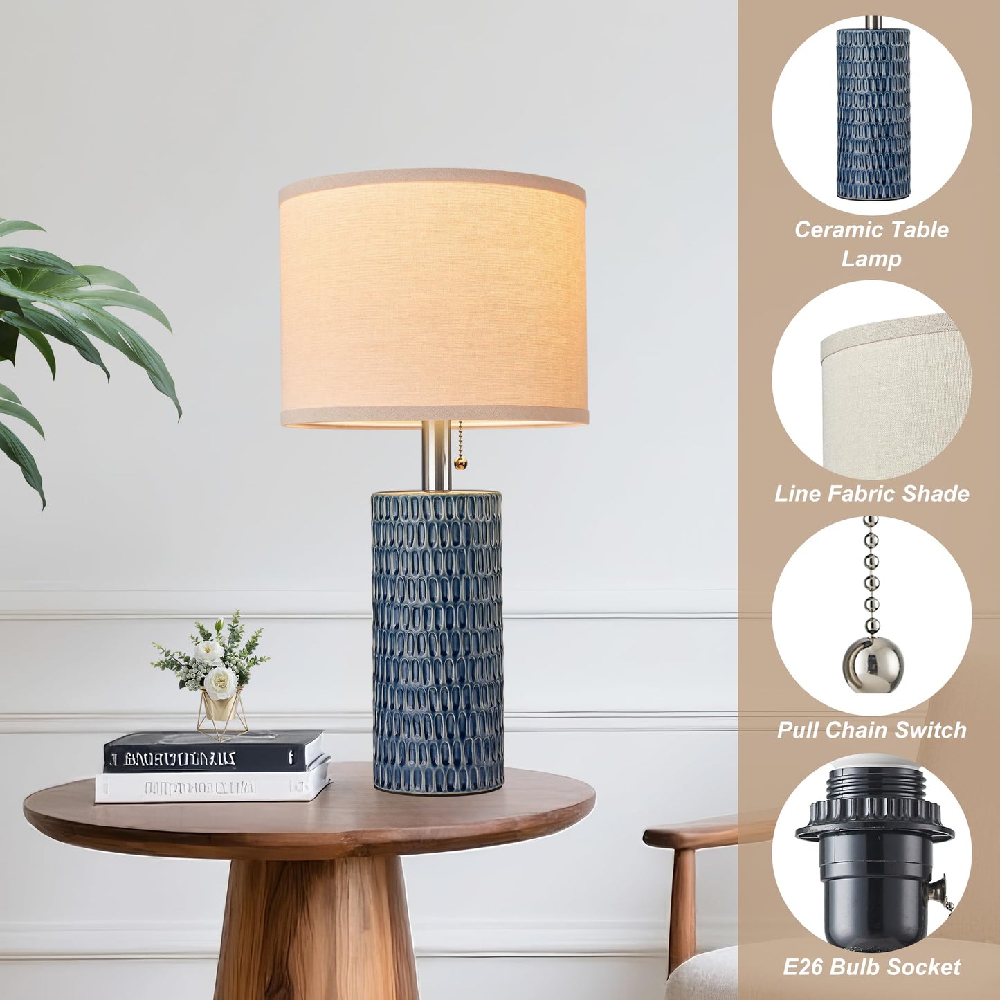 Reaketon 20.5" Modern Ceramic Table Lamps for Bedroom Set of 2, Bedside Lamps for Night Stands with Beige Lampshade, Farmhouse Table Lamp for Living Room Office Dorm, Blue