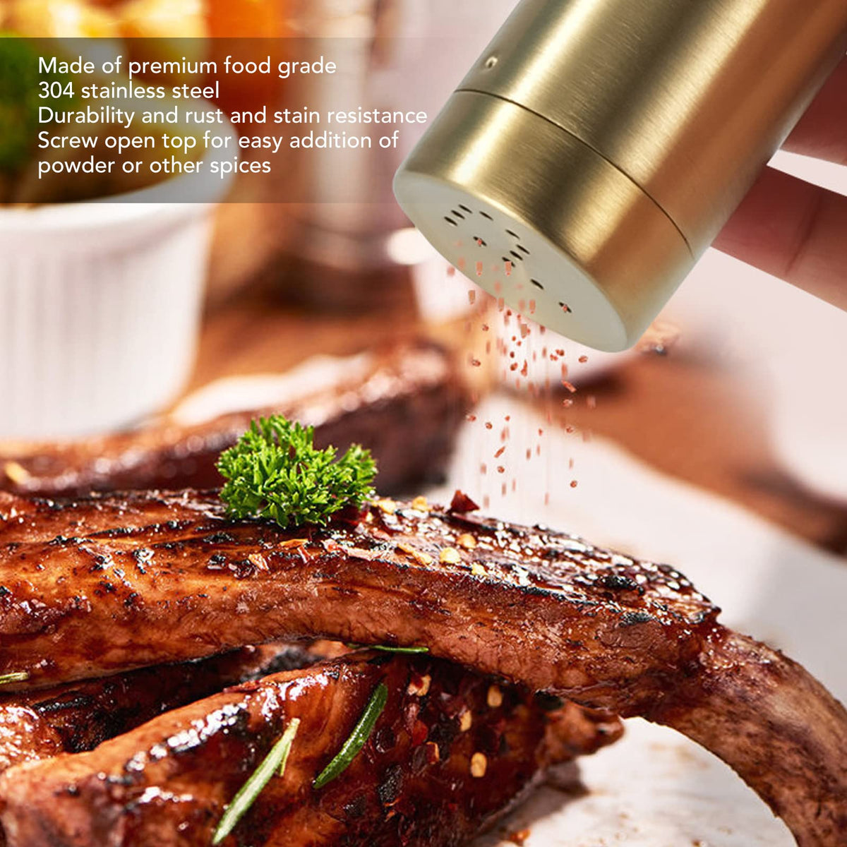 Stainless Steel Salt Shaker Gold 2 Pack with Fine Mesh for Salt Sugar Shaker Kitchen Seasoning Container