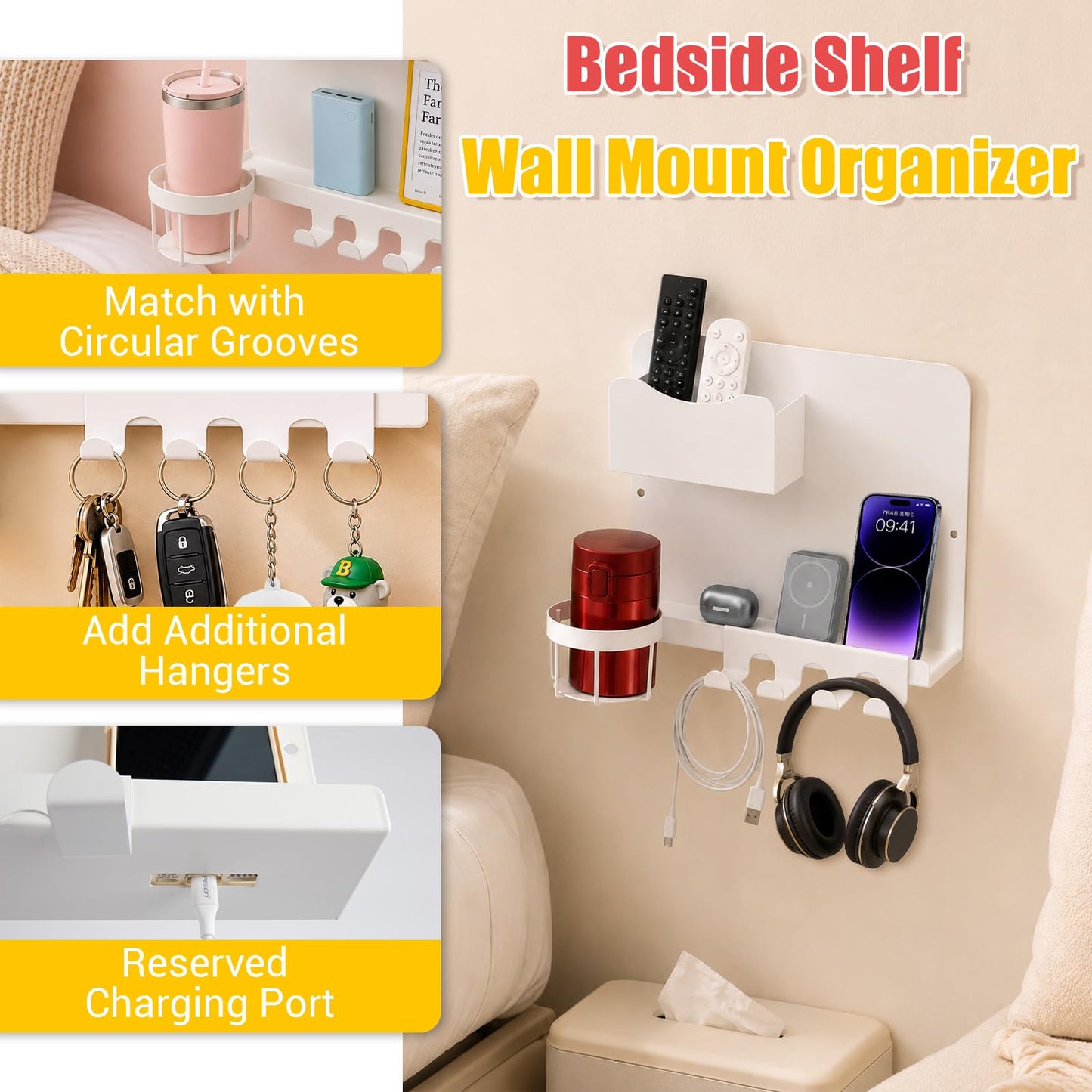 Metal Bedside Wall Shelf, No Drill Floating Bedside Shelf Wall Organizer