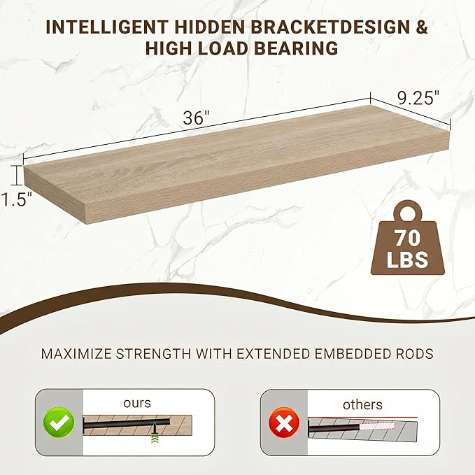 Acovy 36 Inch Floating Shelves, 3D Textured Wood Grain, Wooden Shelves