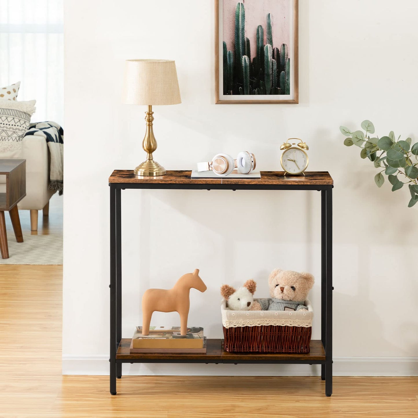 HOOBRO 29.5" L Narrow Console Table, Sofa Table Behind Couch with 2-Tier Storage Display Shelves, 8.7" D Small Entryway Table for Hallway, Foyer, Living Room, Bedroom, Rustic Brown and Black BF22XG01