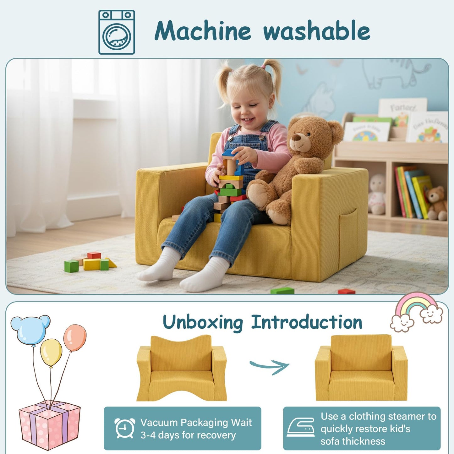 Tiita 2-in-1 Kids Sofa, Convertible Children Couch to Lounger, Flip Out Kids Chair, Toddler Armrest Chair Bed, Folding Kid Play Sofa for Girl or Boy, Corduroy Ginger Yellow
