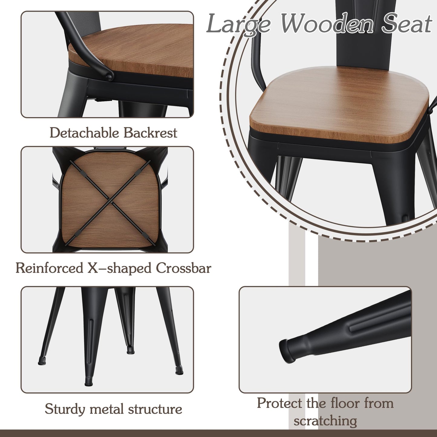 Alunaune 18inch Metal Dining Chair Set of 4 High Back Classic Chic Iron Farmhouse Chairs Industrial Stackable Coffee Stools Bistro Cafe Side Barstools Wood Seat-Black