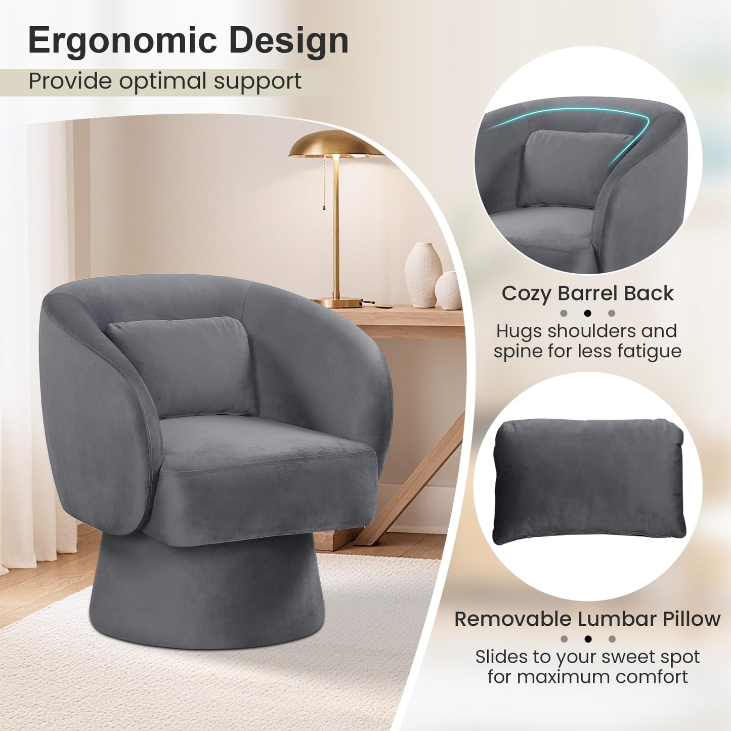 Giantex Swivel Accent Chair, Upholstered Barrel Chair with Curved Back & Removable Lumbar Pillow, Comfy Round Armchair with 360° Rotating Function, Single Sofa Chair for Living Room