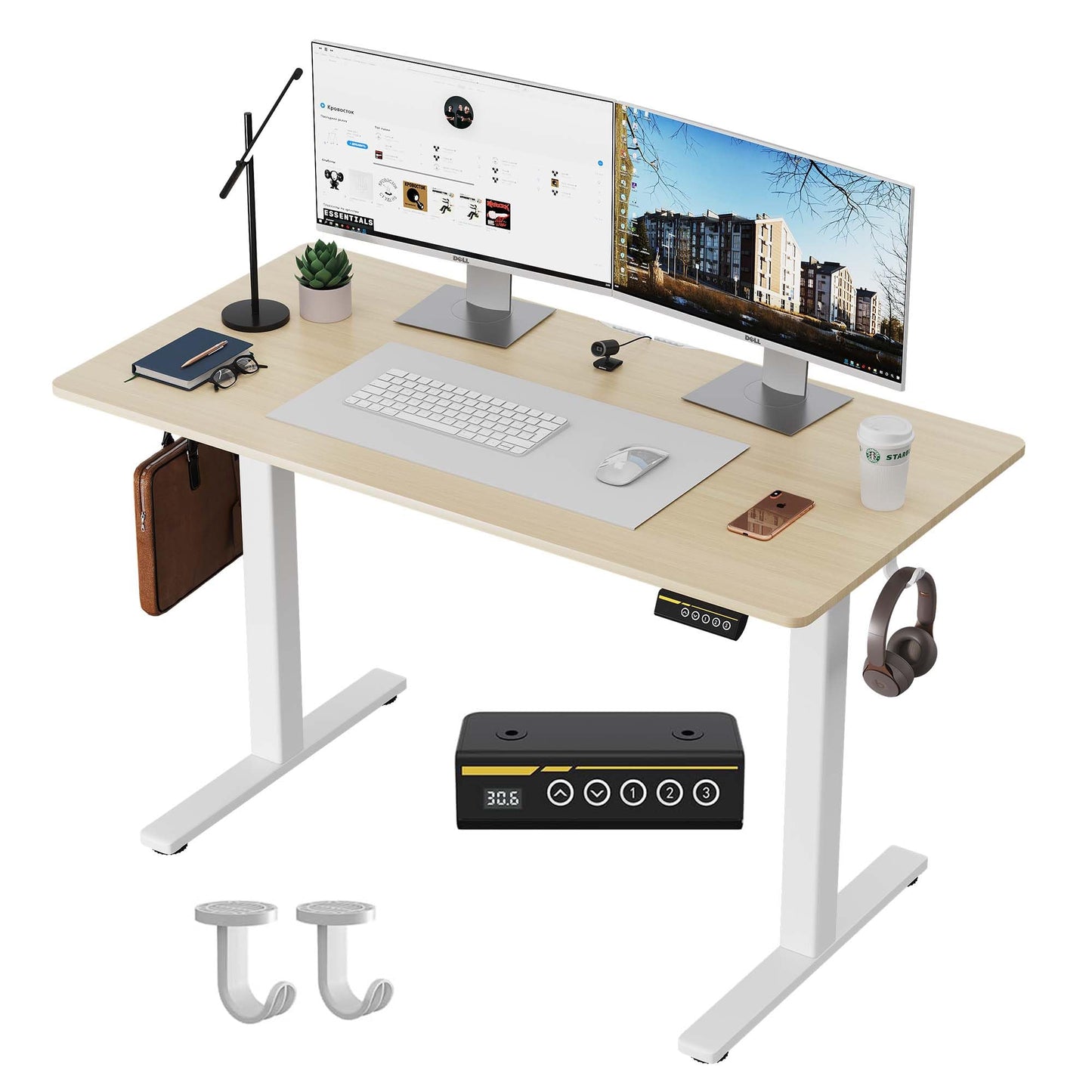 Gamork Electric Standing Desk,48x24 Inches Adjustable Height Stand up Desk, Sit Stand Home Office Desk with Splice Board, 3 Preset Heights,Equipped with Hooks,Ergonomic Computer Workstation，Nature