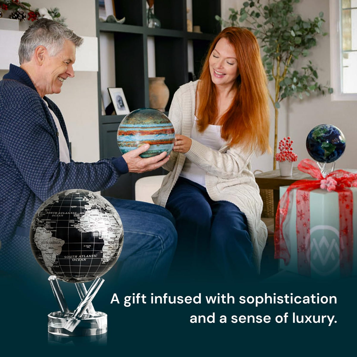 MOVA Globe - Jet Black and Silver Signature (6") | Solar-Powered Rotating Desk Globe with Minimalist Map Design | No Batteries or Cords | Modern Decor Gift