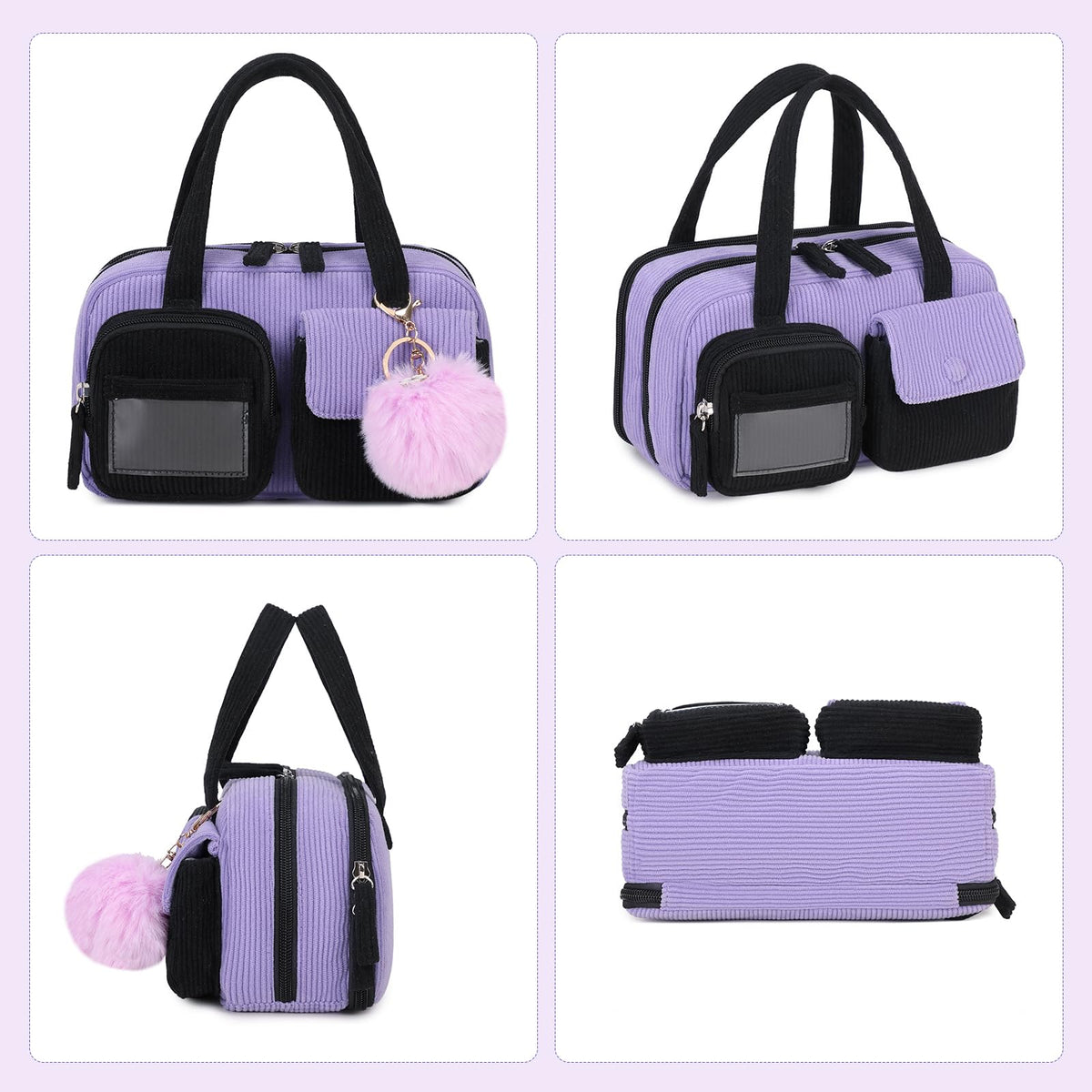 QIXIHU Pencil Case for Kids Girls Makeup Bag Women Cute Corduroy Pencil Bag with 5 Compartments Pencil Pouch Organizer Aesthetic School Supplies, Black Purple