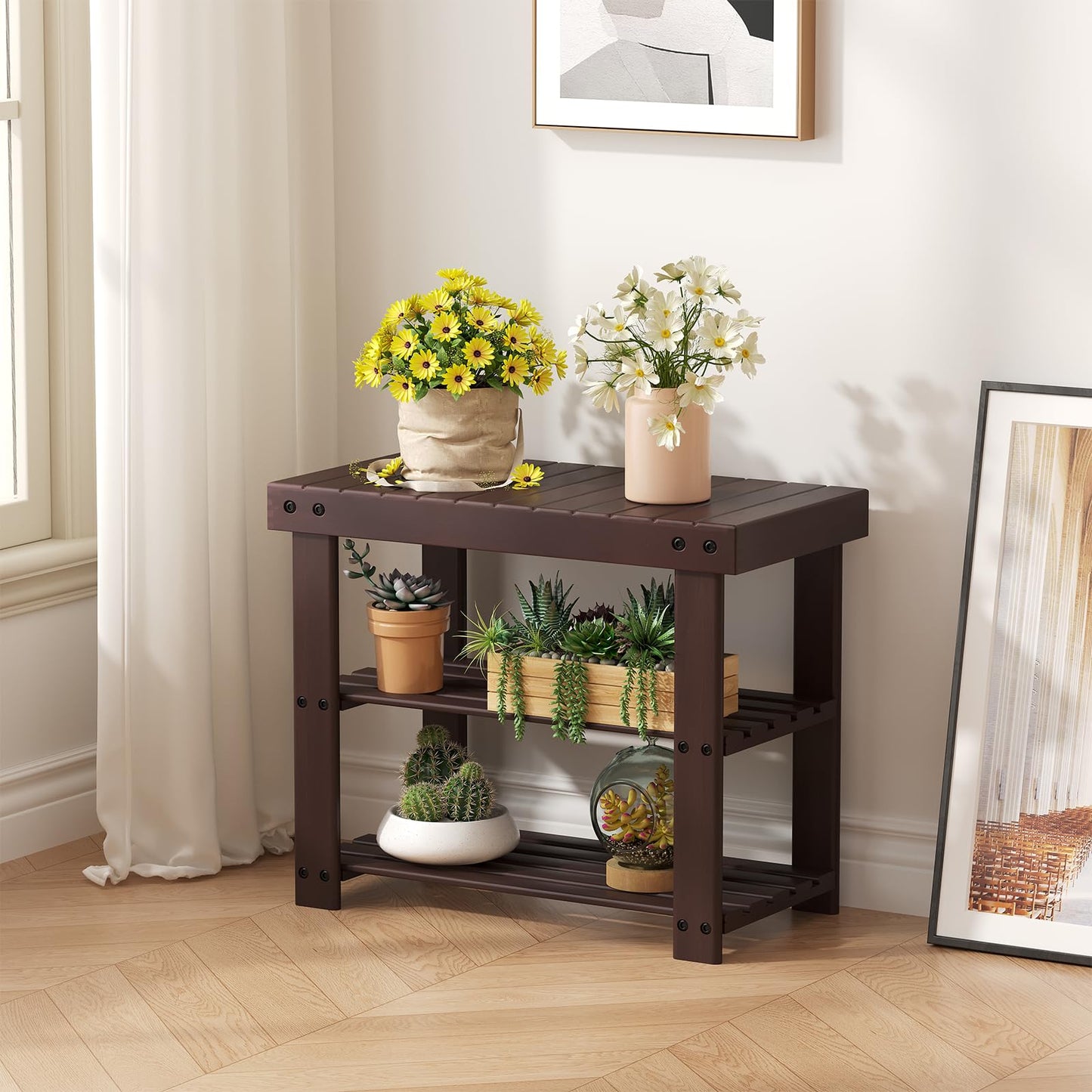 Sweetcrispy 3-Tier Shoe Rack Bench for Entryway, 286lb Capacity, Brown