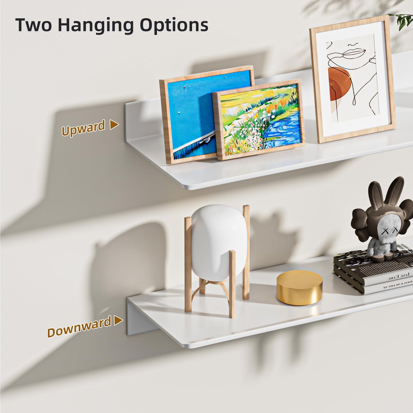 HNVNER 2-Piece Glossy White Metal Floating Shelves - Aluminum Alloy Wall Mounted Shelf No Drilling, Rust-Proof, 15.7" Width for Home Decor & Storage in Living Room, Bedroom, Bathroom