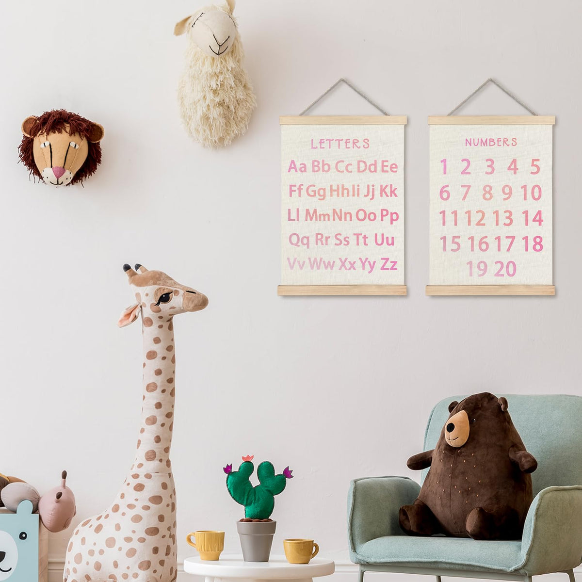 Supwhd Classroom Wall Decor, Numbers and Alphabet Educational Wall Art Poster, Alphabet ABC Numbers from 1 to 20 Poster Wall Decor for Toddler Kids Room Playroom Classroom, 12x16 Set of 2（Pink）