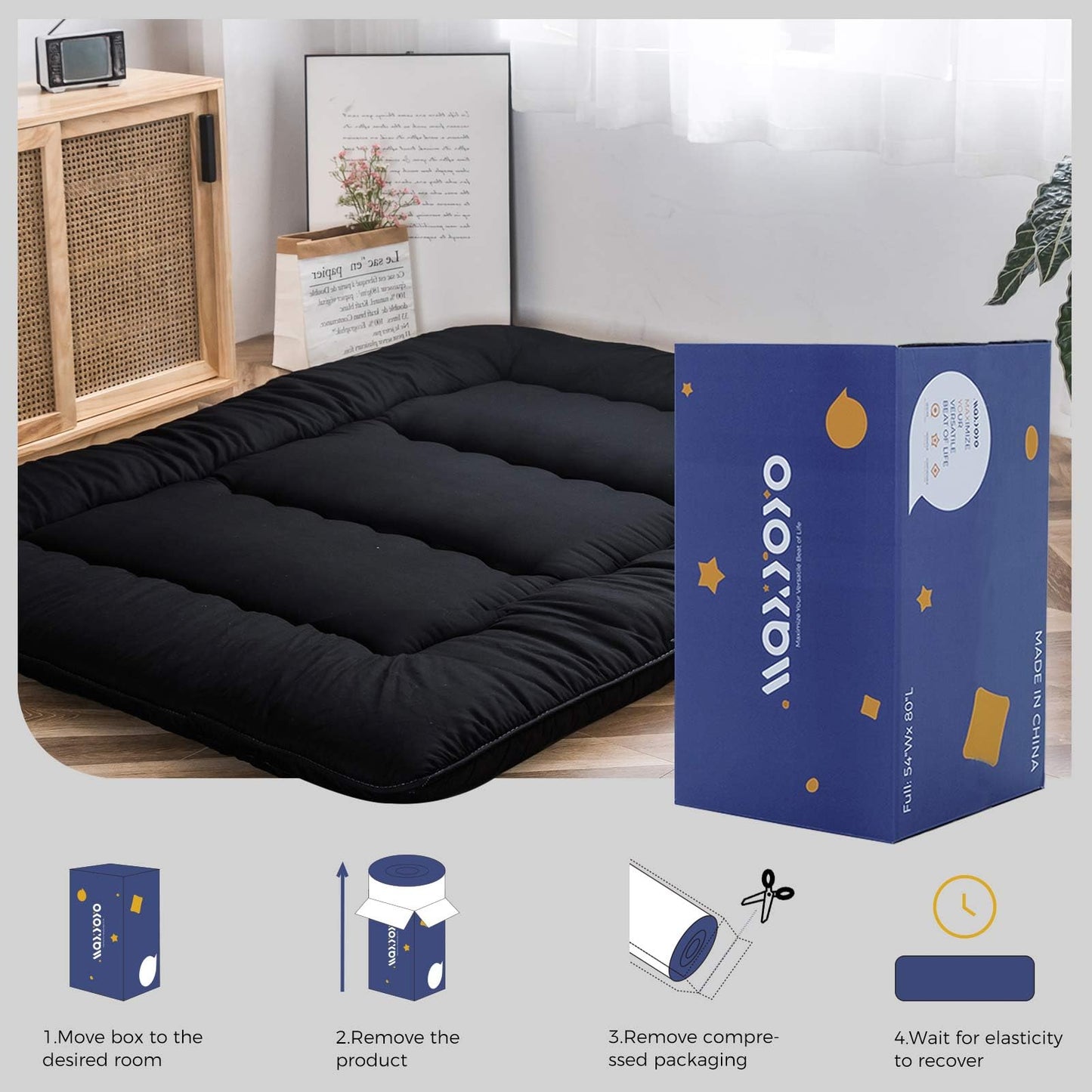 MAXYOYO Japanese Floor Mattress Futon Mattress, 4" Thicken Tatami Mat Sleeping Pad Foldable Roll Up Mat Boys Girls Dormitory Pad Kids Floor Lounger, Black, Twin Size