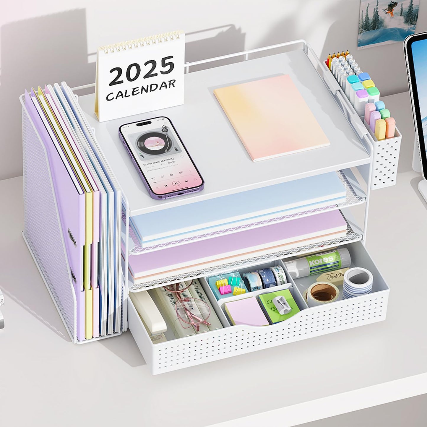 gianotter Wood Desk Organizers and Accessories with File Holder, 4-Tier Desk Accessories & Workspace Organizers with Drawer and Pen Holder, Desk Reference Organizer (White, 4T with Drawer)