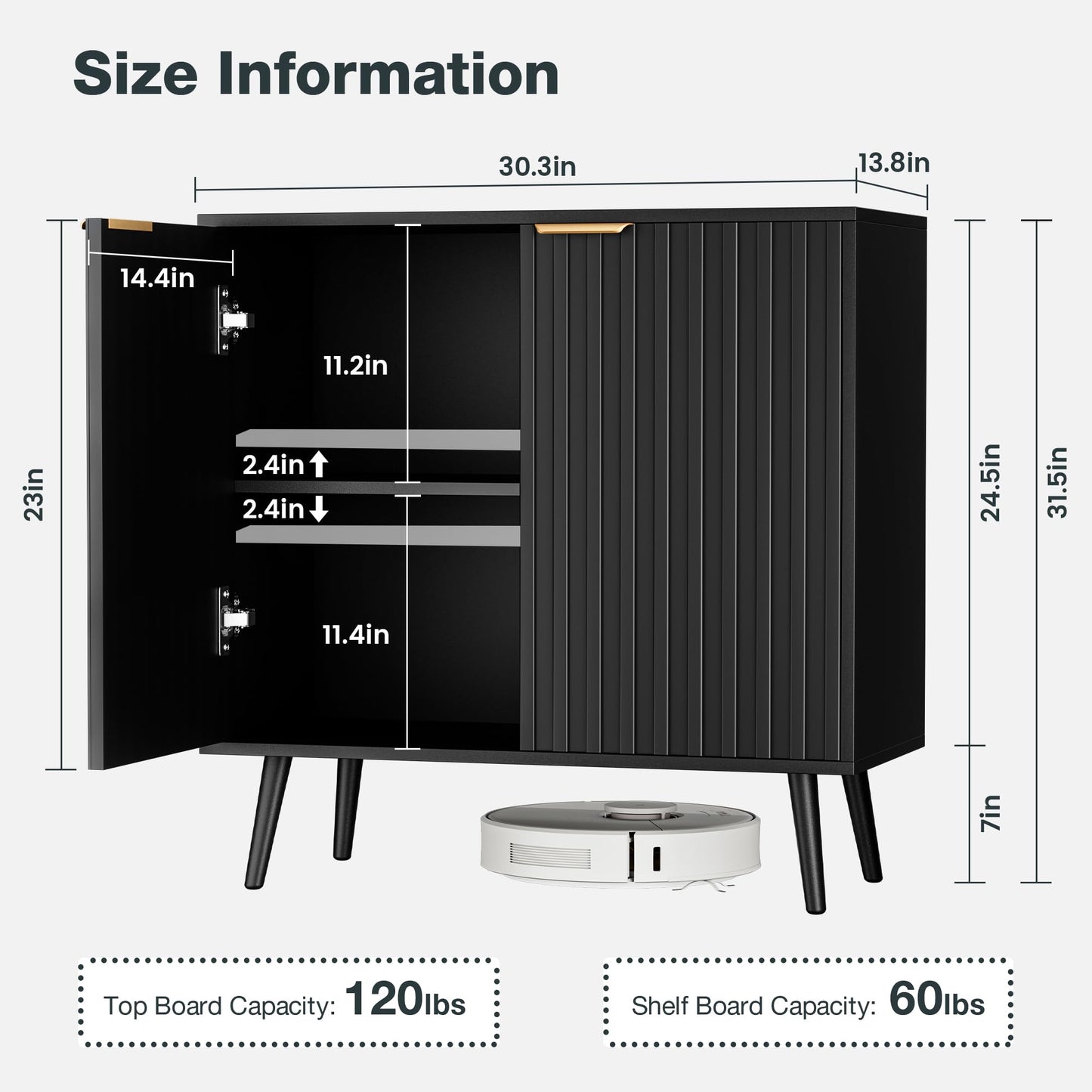 Vrullu Fluted Storage Cabinet, Black Sideboard and Buffet Storage with Adjustable Shelf, Wood Accent Cabinet for Living Room, Hallway, Entryway, Dining Room (1, Black+Gold)