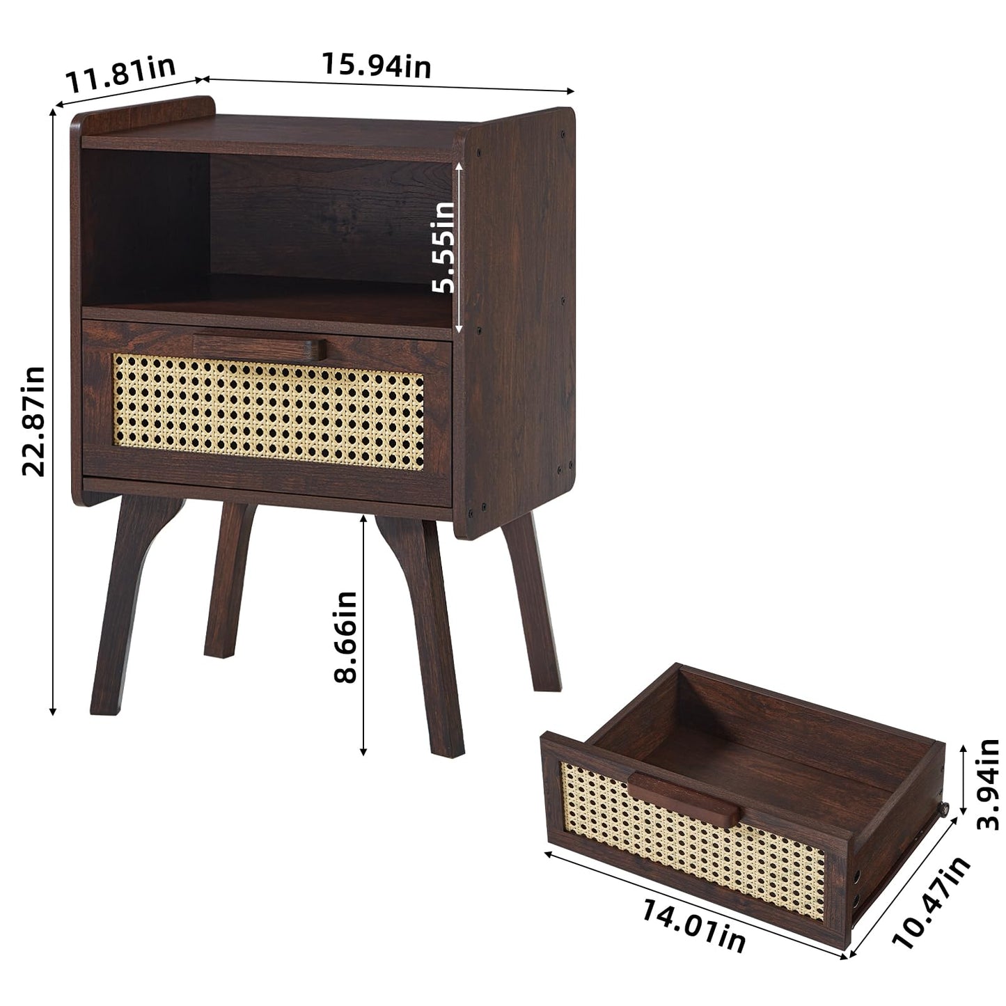 Lerliuo Rattan Nightstand, Bedside Table with Drawer Open Shelf, Cane Accent Side End Table with Solid Wood Legs, Walnut Vintage Night Stand for Bedroom, Dorm and Small Spaces