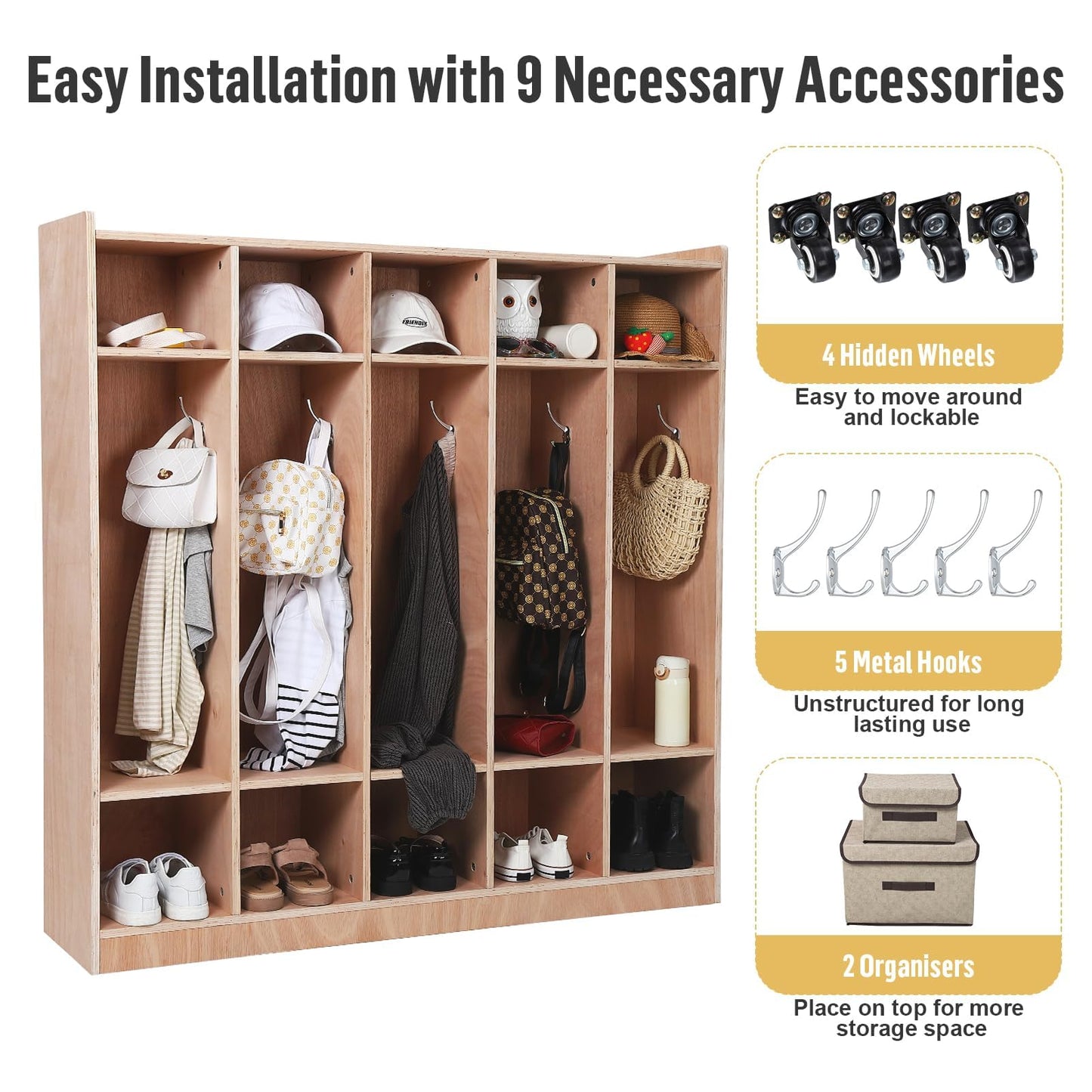 Garvee 5-Section Classroom Coat Locker with 10 Cubbies, Wheeled Daycare Cubbies with 5 Hooks & 2 Storage Boxes, Kindergarten Lockers for Home, School