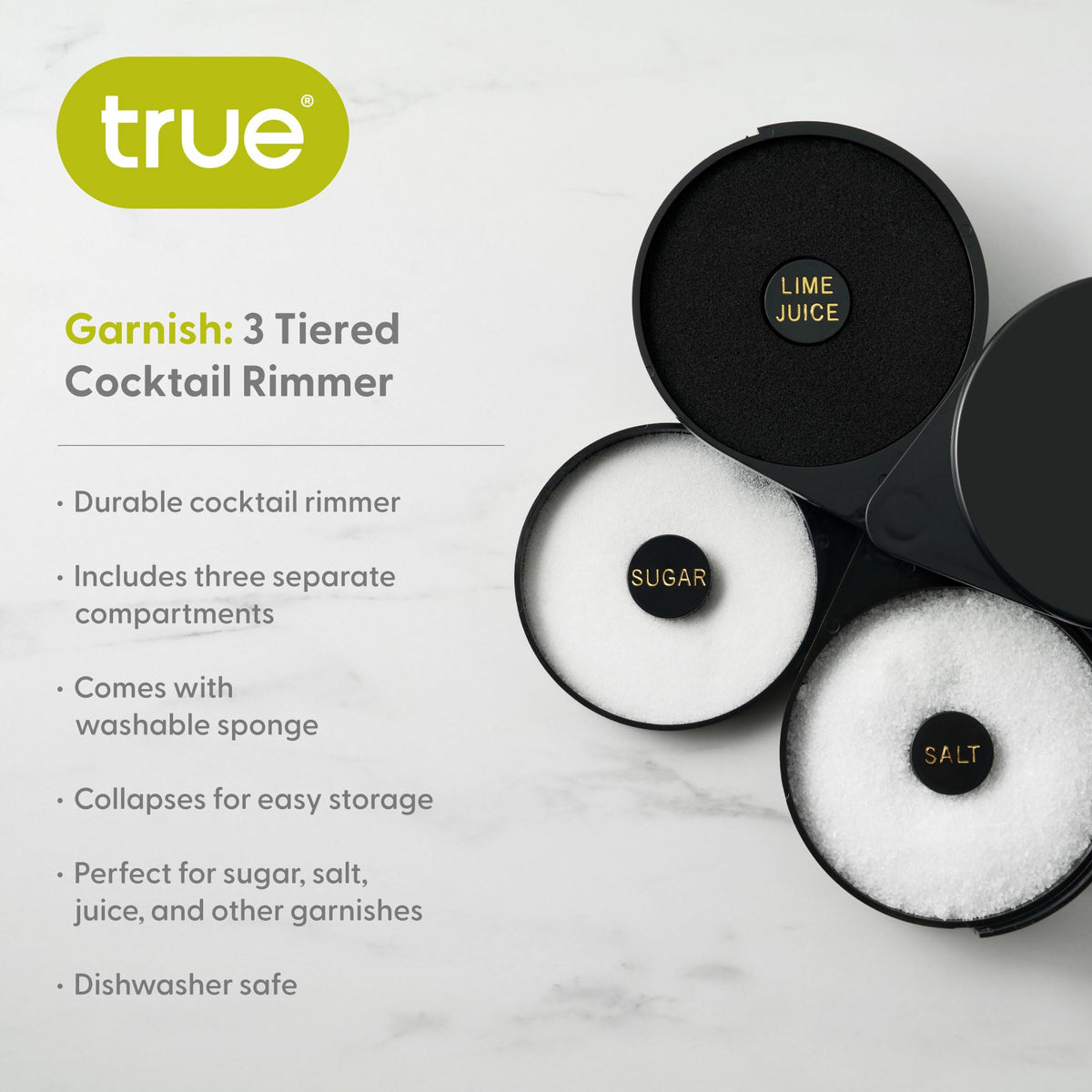 True 3-Tiered Cocktail Rimmer – Salt, Sugar, & Lime Juice Garnishing Tool – Dishwasher Safe for Home Bars - Bartender Accessory, Home Bar Supplies - Set of 1