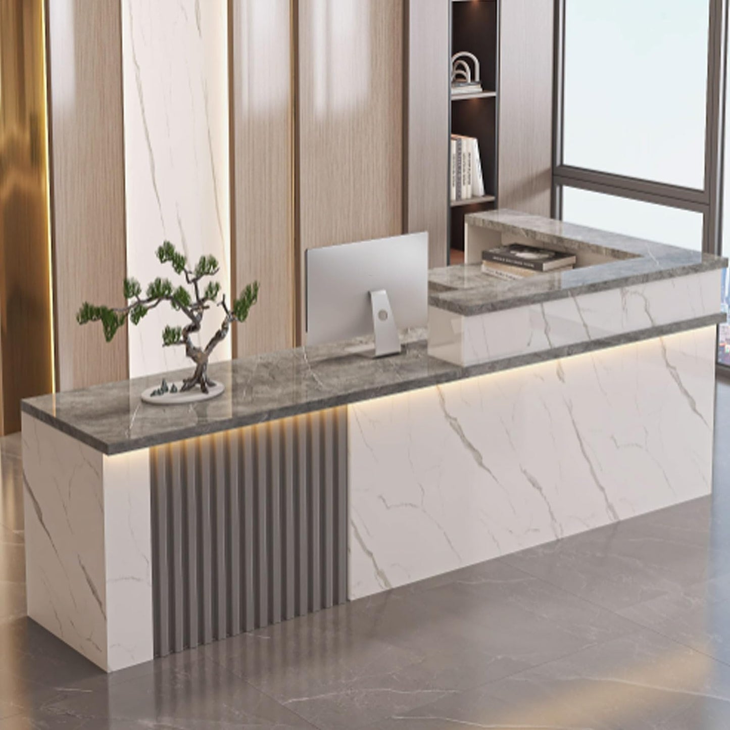 Stylish Modern Reception Desk with LED Light, Office Counter Table for Beauty Salons & Lobbies, 120cm White & Gray Finish, Space-Saving Storage Furniture