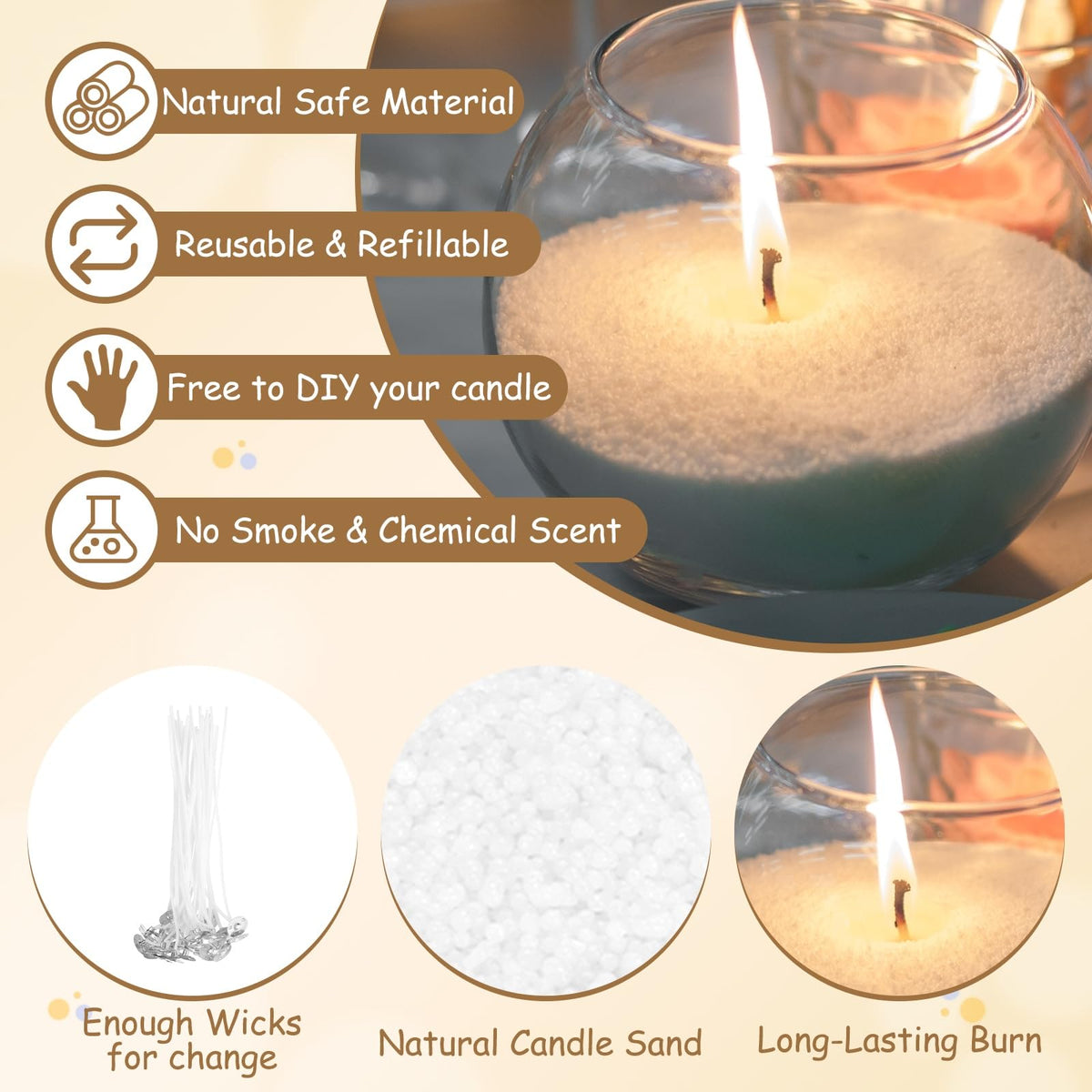 MECCANIXITY Pearled Sand Candles with 20 Pcs Wicks 7Oz / 200g Candle Beads Refillable Powder Sand Wax Making Kit for Thanksgiving Christmas Wedding Party DIY Home Crafts, White