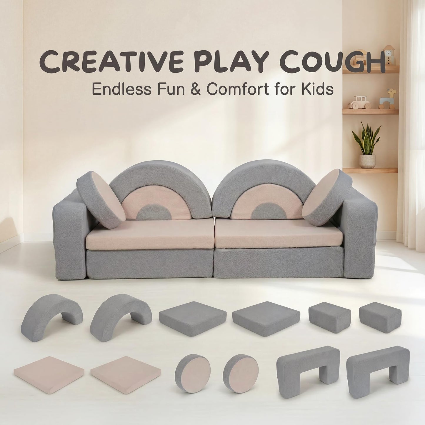 BUMNANA 14pcs Modular Kids Play Couch, Child Sectional Sofa, Fortplay Bedroom and Playroom Furniture for Toddlers, Convertible Foam and Floor Cushion for Boys and Girls