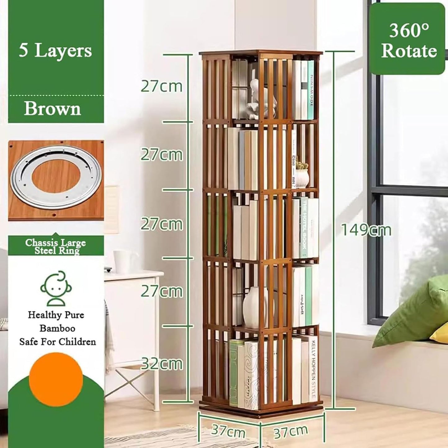 DISERTIED 360° Rotating Display Wood Spinning Bookshelf Multilayer Storage Display Rack Bookshelves for Home Living Room Study Office Turntable Organizer