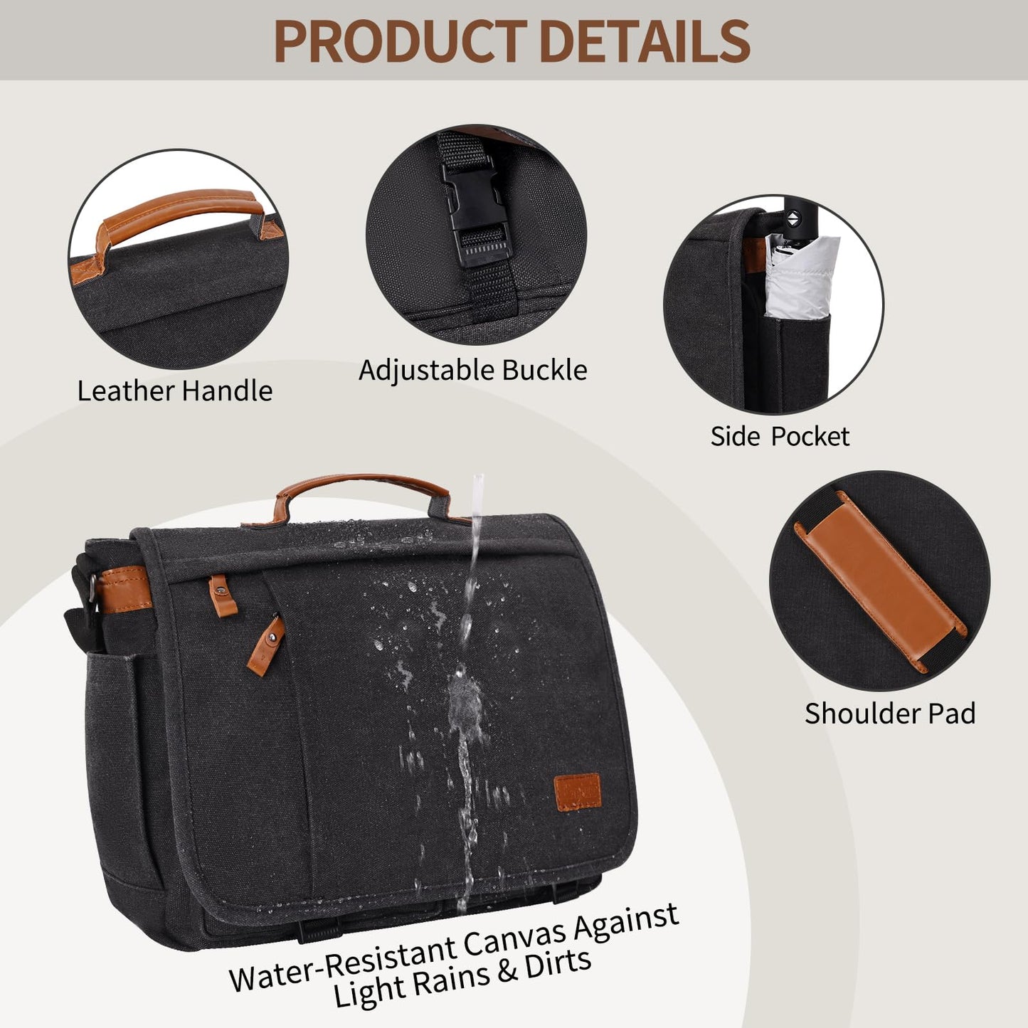 ESTARER Messenger Bag 17.3 Inch, Mens Computer Bag for Teacher/College/Work/Travel, Water-resistant Canvas Laptop Bag Satchel Briefcase, Dark Grey