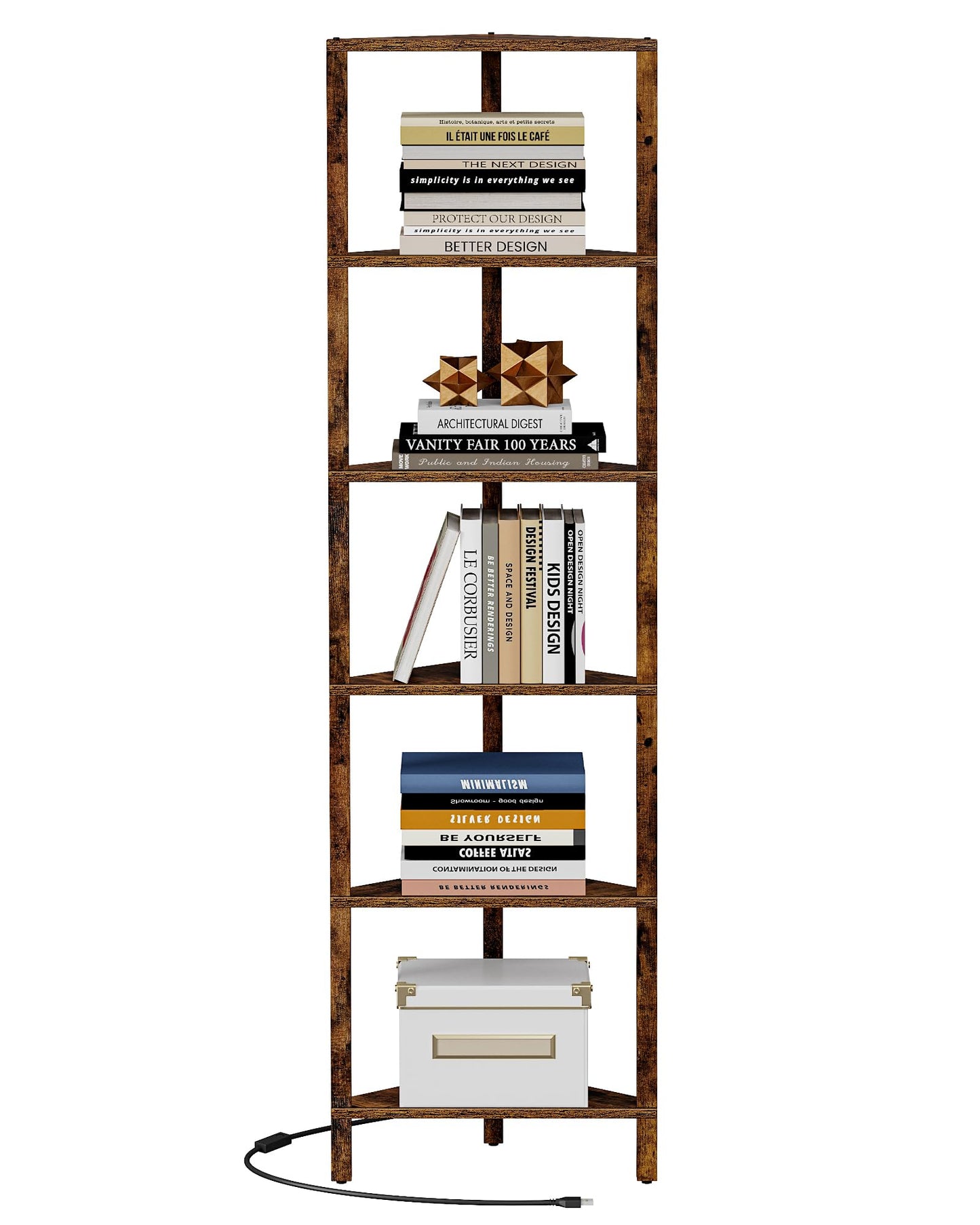 TUTOTAK Corner Shelf with LED Light, 6-Tier Corner Bookshelf for Small Space, Narrow Display Corner Shelf Stand with Storage Rack, for Living Room, Bedroom, Brown BS05BC006L