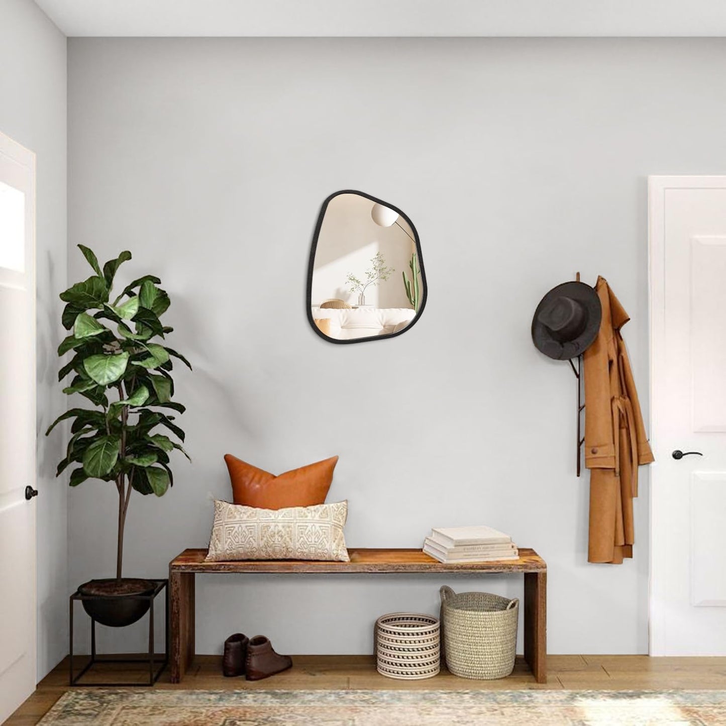 HLFMVWE Asymmetrical Mirror for Wall Irregular Oval Wood Frame Modern Unique Wall Mirror Decorative Vanity Bathroom Living Room Bedroom Entryway Hallway Artistic Wavy Mirror Small 14"x10"
