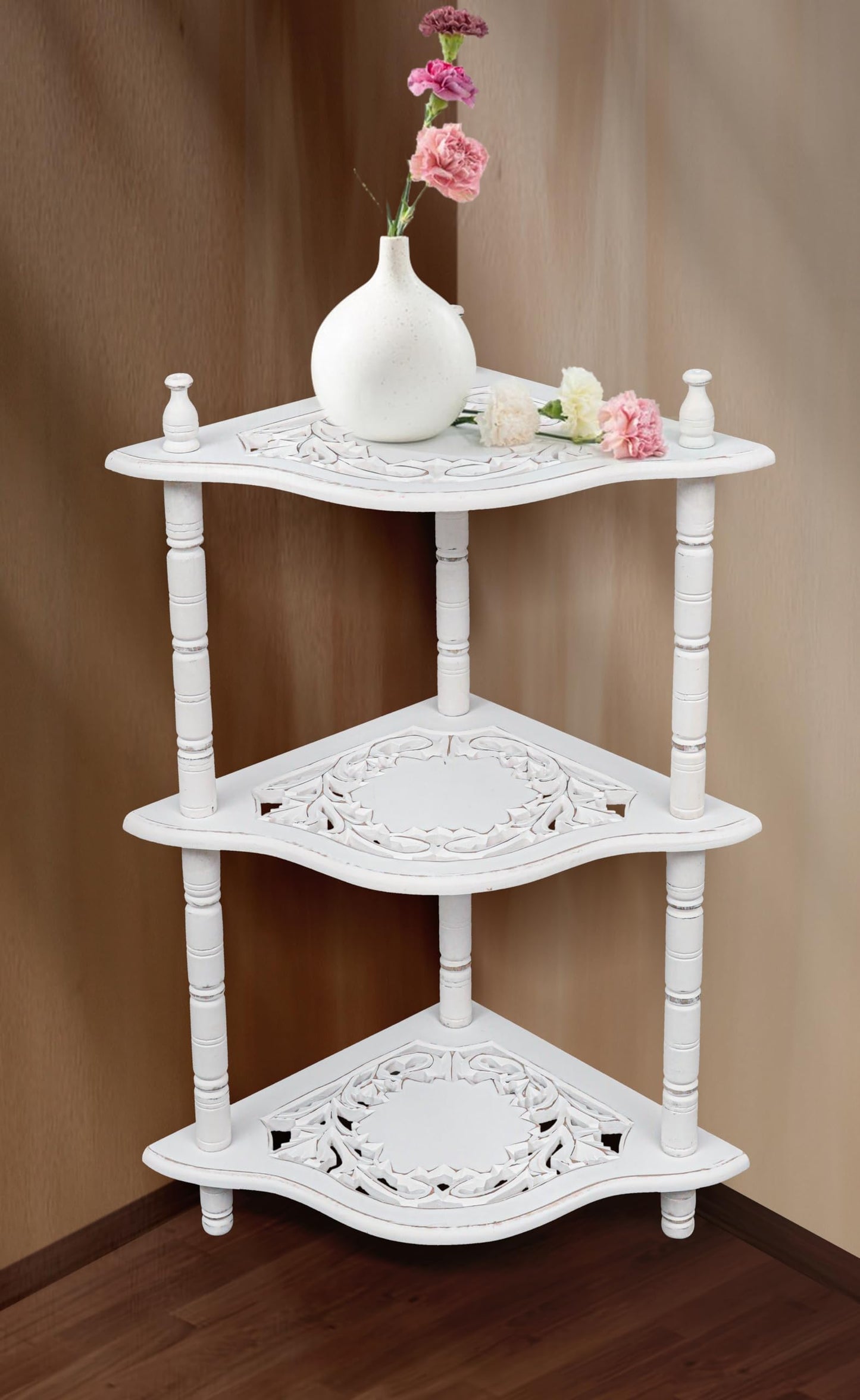The Wooden Town Antique White Corner Bookshelf - 3-Tier Corner Shelf Stand for Small Spaces, Stylish Bathroom & Home Office Storage Solution, 12" L x 12" W x 26" H