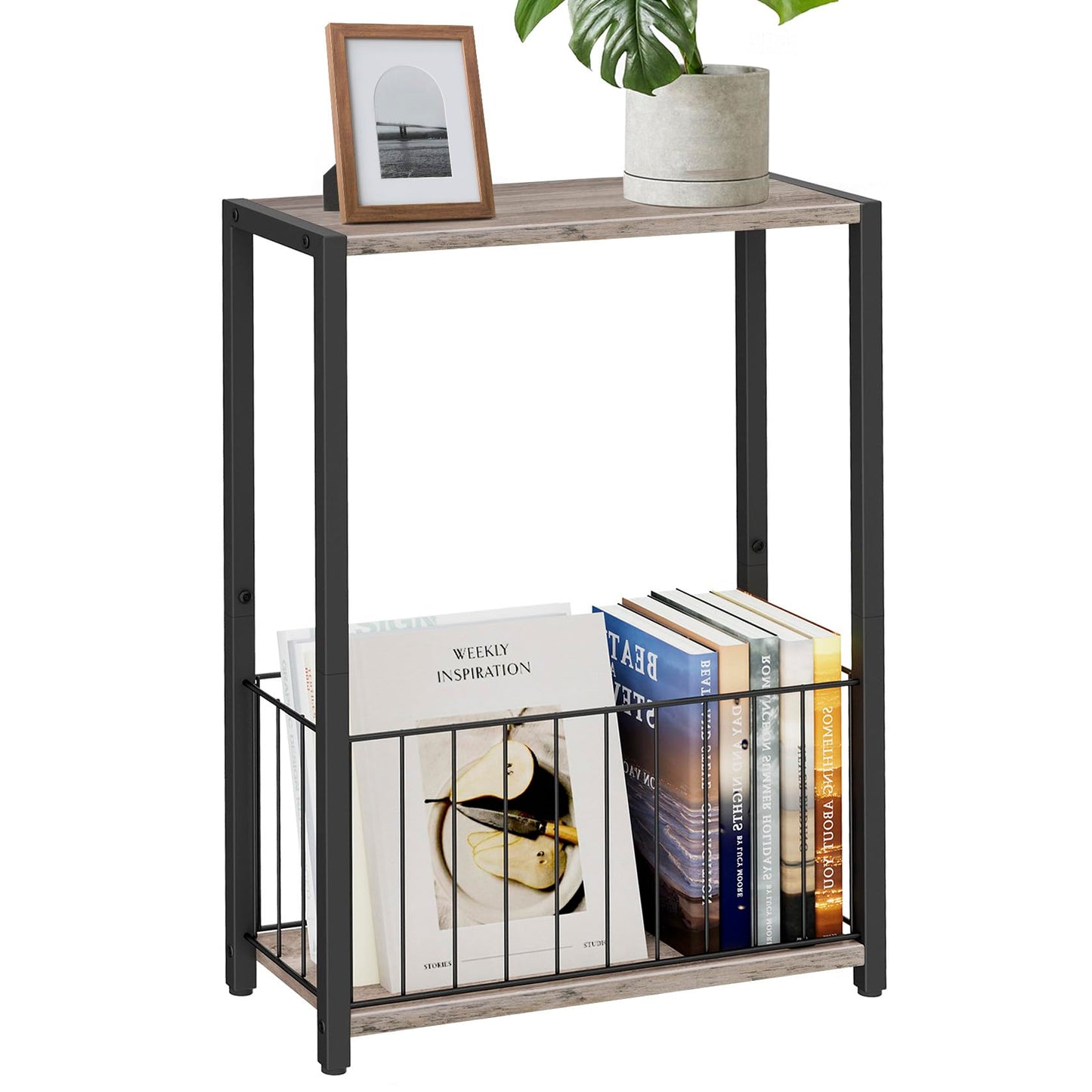 Homleke Narrow Side Table with Magazine Holder, Skinny End Table Perfect for Small Spaces, Space-Saving Design for Living Room, Bedroom, or Office, 7.1" D x 16.9" W x 23.6" H, Greige
