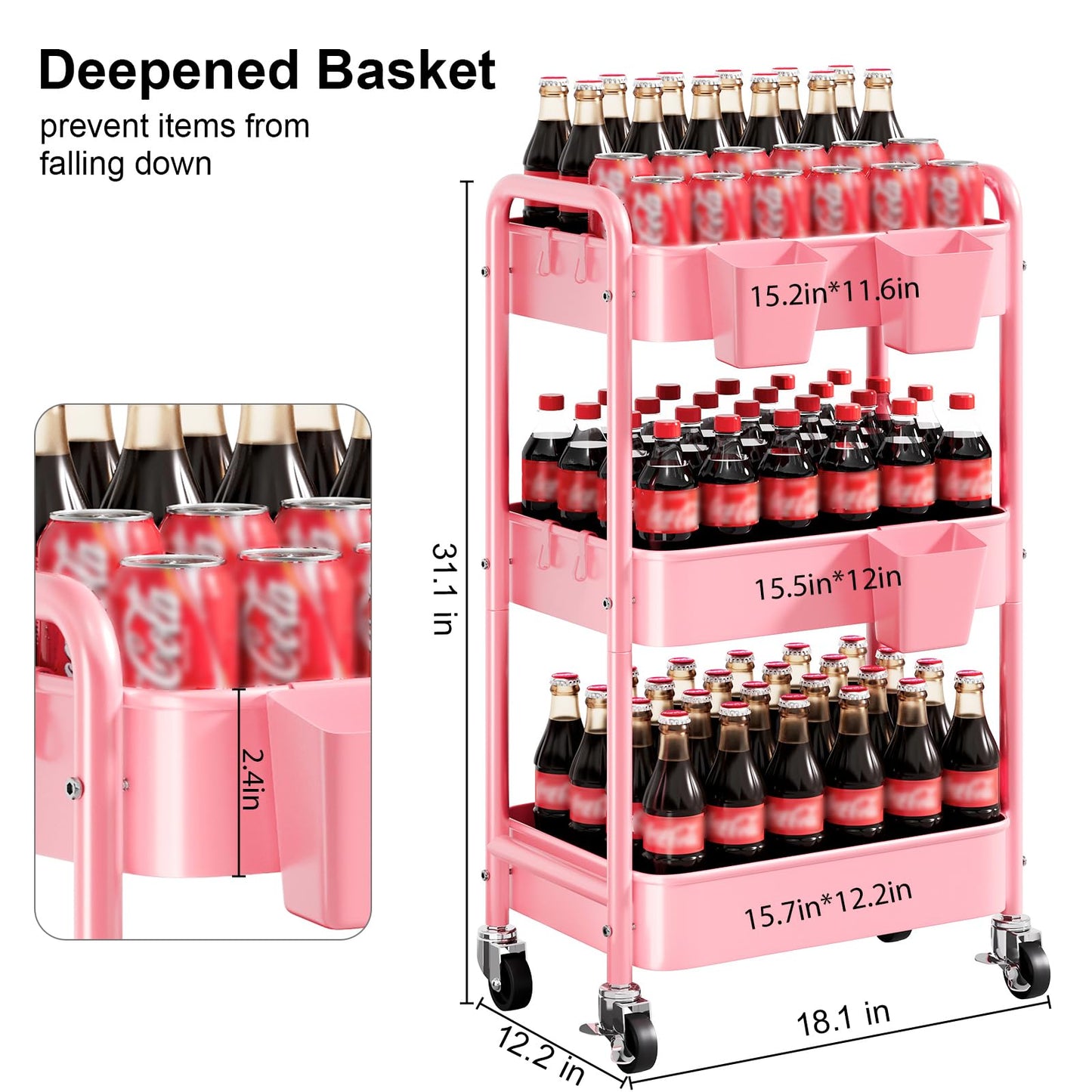 3 Tier Rolling Cart Metal with Lockable Wheels, Pink Three Tiered Diaper Caddy Cart Organizer on Wheels, Storage Utility Trolley Carts for Craft, Art, Nail, Lash, Baby Supplies, Cleaning, Mesh