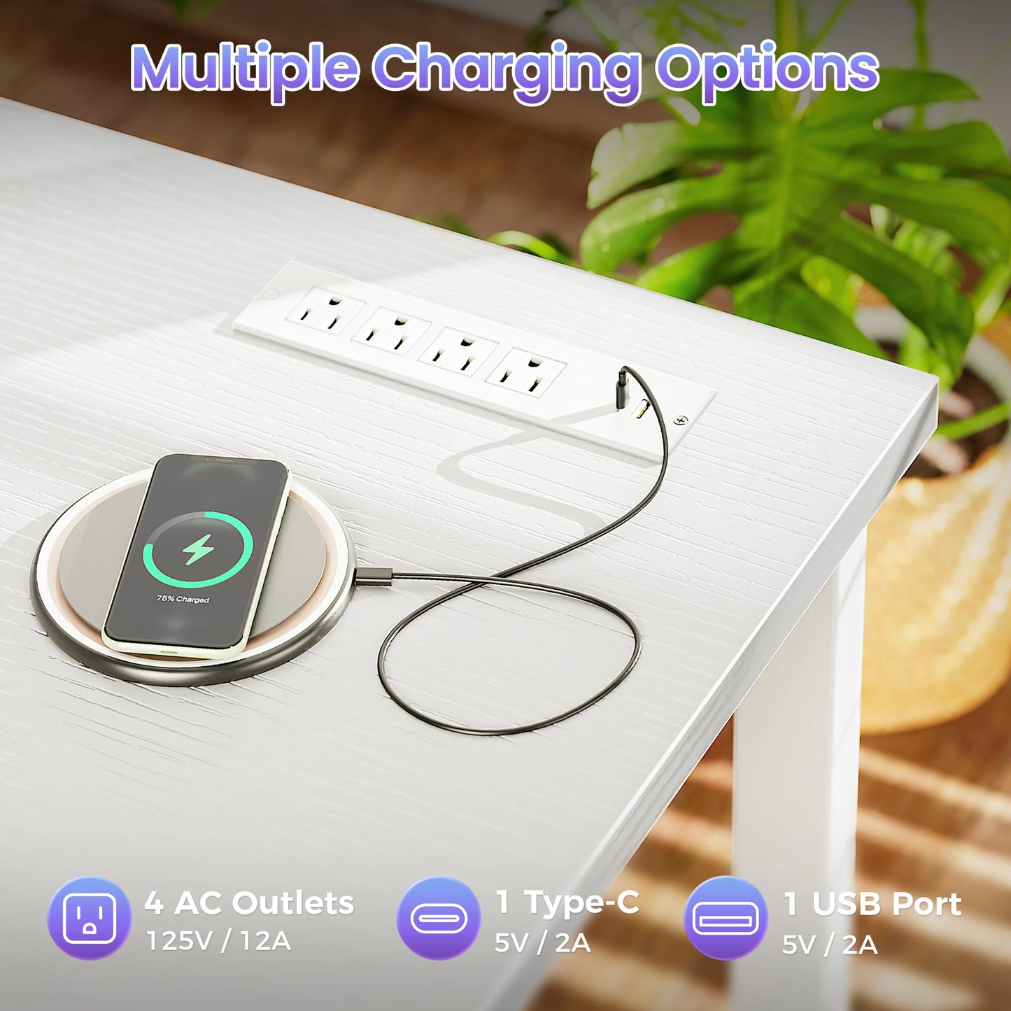 PRAISUN 47 X 20 Inch Office Computer Desk with Power Outlets and USB-C Port, Larger Gaming Desk, for Home Office, Study, Bedroom, Writing Work from Home Table, Metal Frame, White