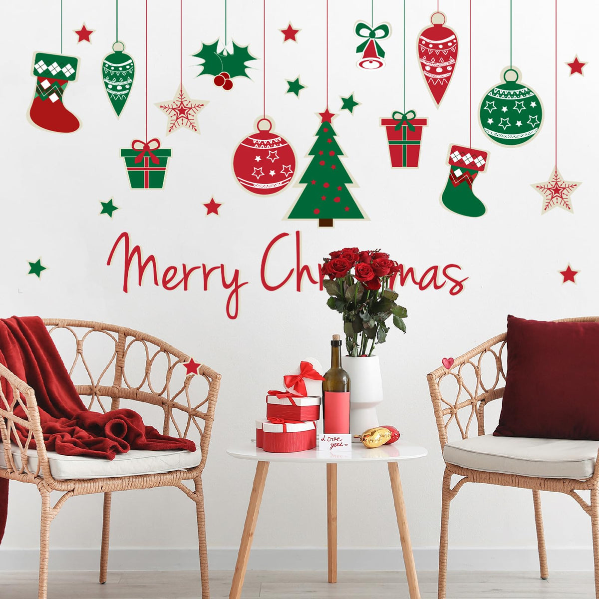 Merry Christmas Wall Decals Xmas Tree Snowflake Gift Wall Stickers Peel and Stick Removable Art Mural for Kids Gift Bedroom Living Room Door Window Decor Supplies