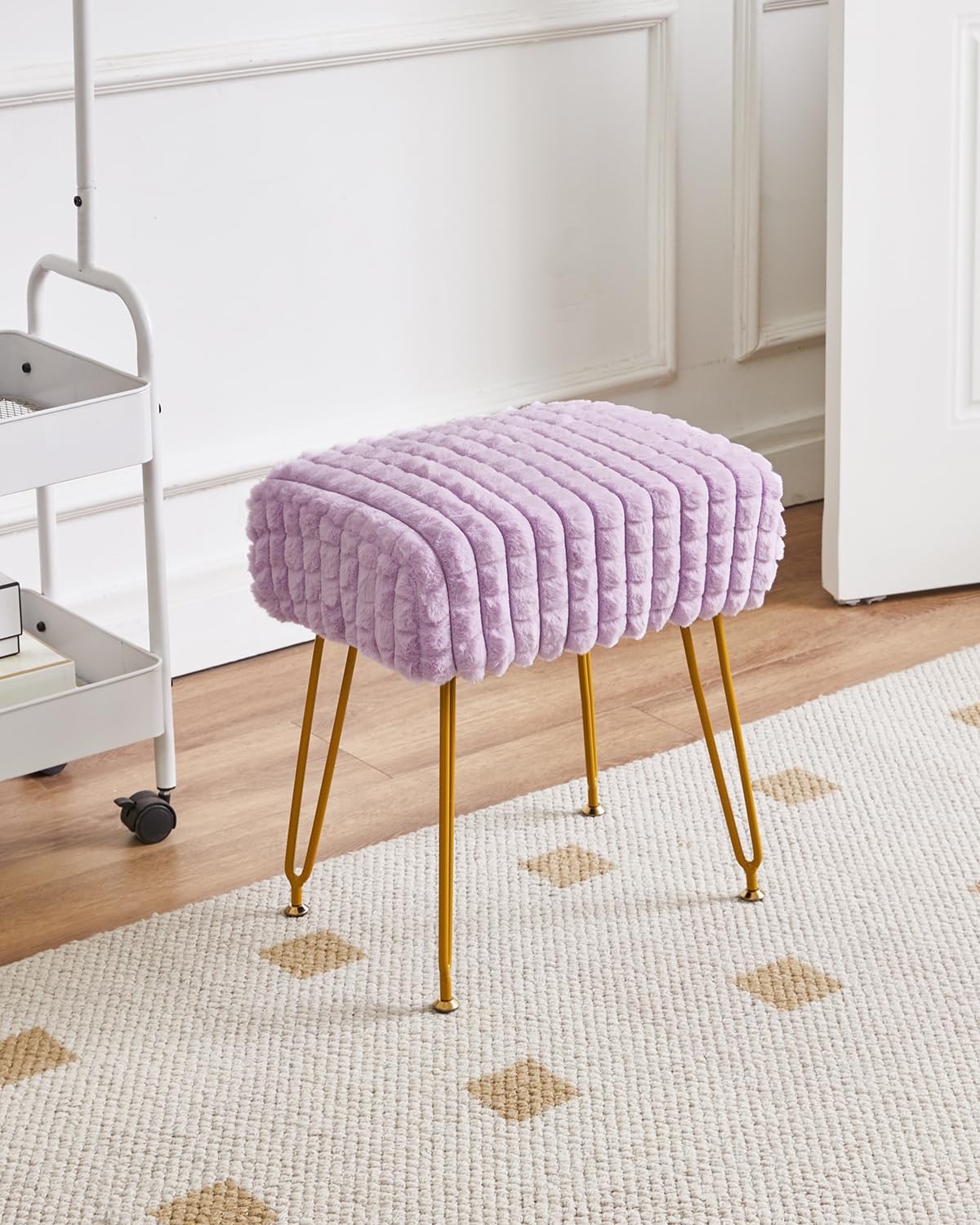 IBUYKE Rectangular Footrest Stool Ottoman, Makeup Vanity Stool Side Table, Velvet Dressing Table Seat, Footstool Chair, Golden Steel Legs, for Makeup Room, Bedroom, Square grid pattern, Purple WBD003V