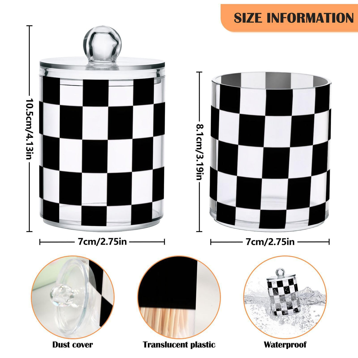 Gravopti Checkerboard 14oz Storage Jars with Lids, Clear Plastic Airtight Kitchen Food Canisters for Candy, Salt, Coffee Beans, 2 Pack