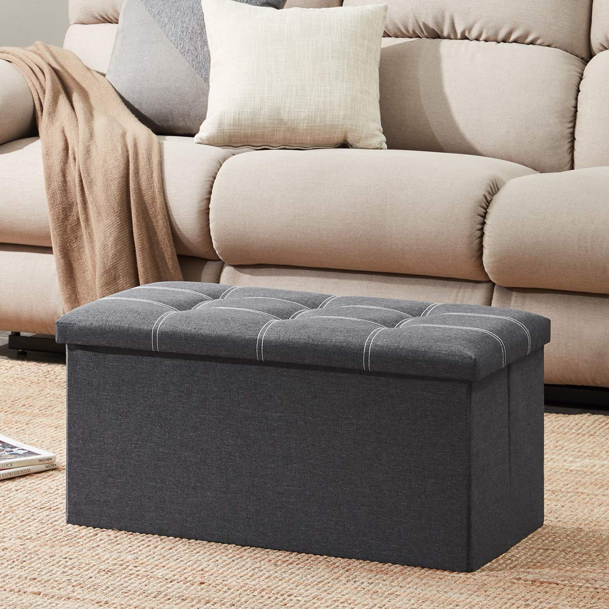 YOUDENOVA 30 Inch Storage Ottoman, Folding Ottoman with Storage, Linen Storage Bench Supports Up to 350 lbs, Footrest Seat for Living Room, Bedroom, Gray