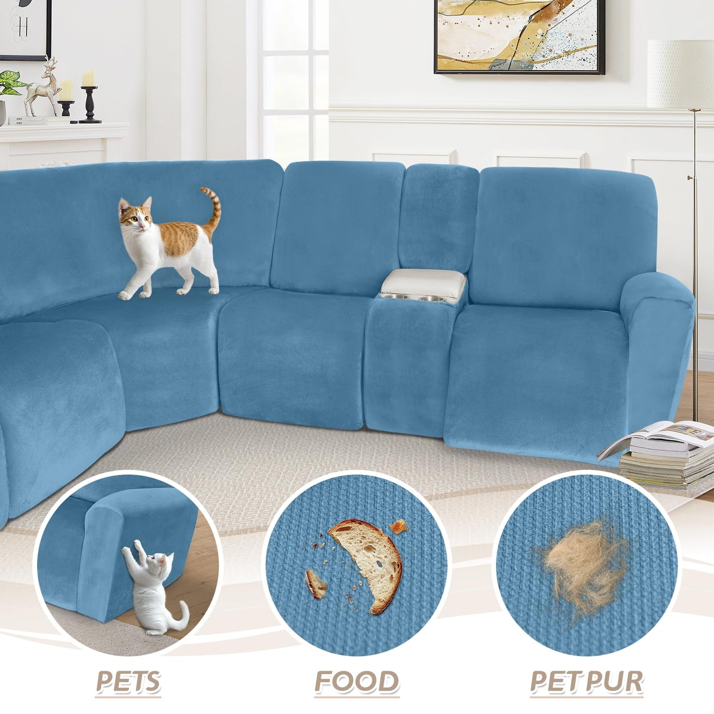 Arfntevss Sectional Recliner Couch Covers Velvet Washable Corner Sectional Sofa Cover for Reclining Stretch Soft Thick L Shape Recliner Slipcover Set (5 Seat with 1 Console Cover, Light Blue)