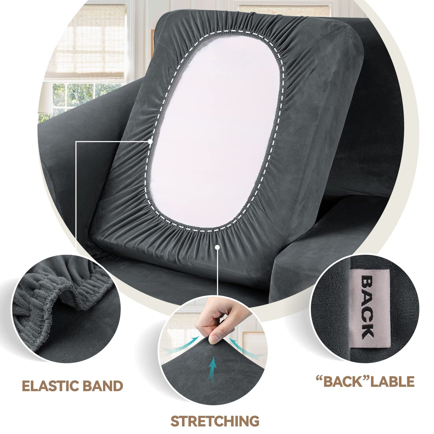WEERRW 4 Pieces Velvet High Stretch Couch Covers for 3 Cushion Sofa Slipcovers, Washable Furniture Protector with Non Slip Elastic Bottom, Feature Soft and Thick Plush Fabric, Dark Grey, Large