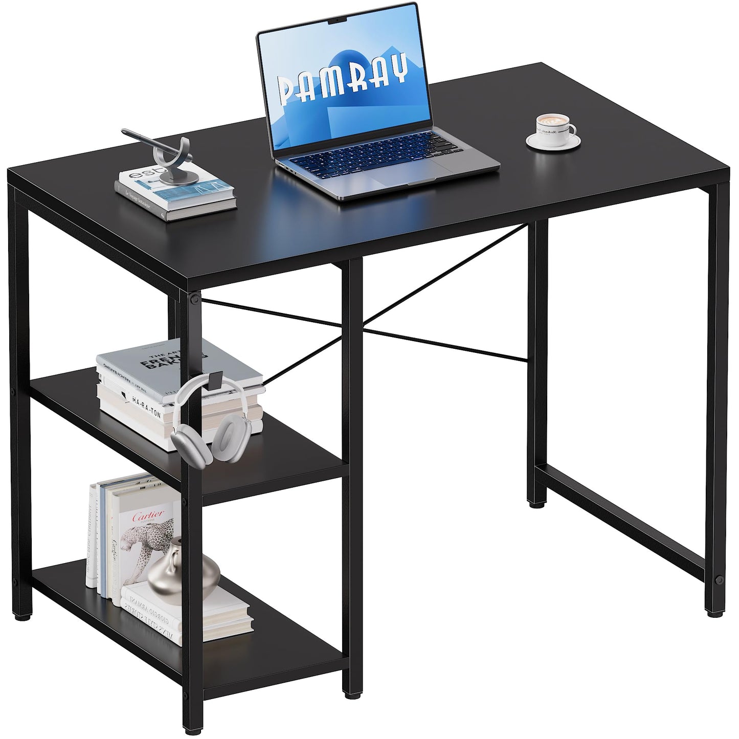 Pamray 32 Inch Small Computer Desk with Shelves, Home Office Desk with Headphone Hook for Bedroom, Study Writing PC Table for Small Spaces, Black