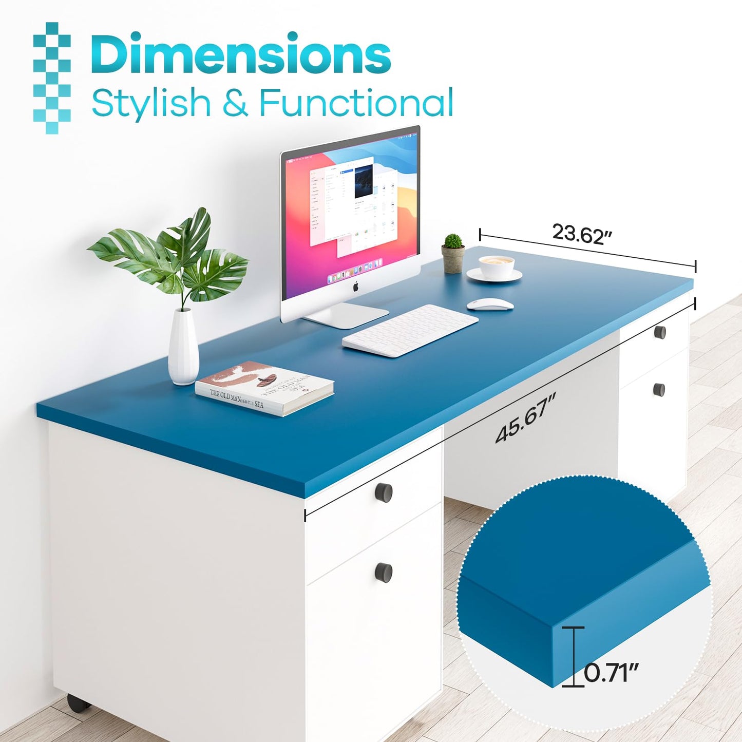 Kaboon Universal Table Top 45.67"x23.62", Solid One-Piece Desktop, Reversible Melamine Countertop, Double Desks, L-Desk DIY, Cyan