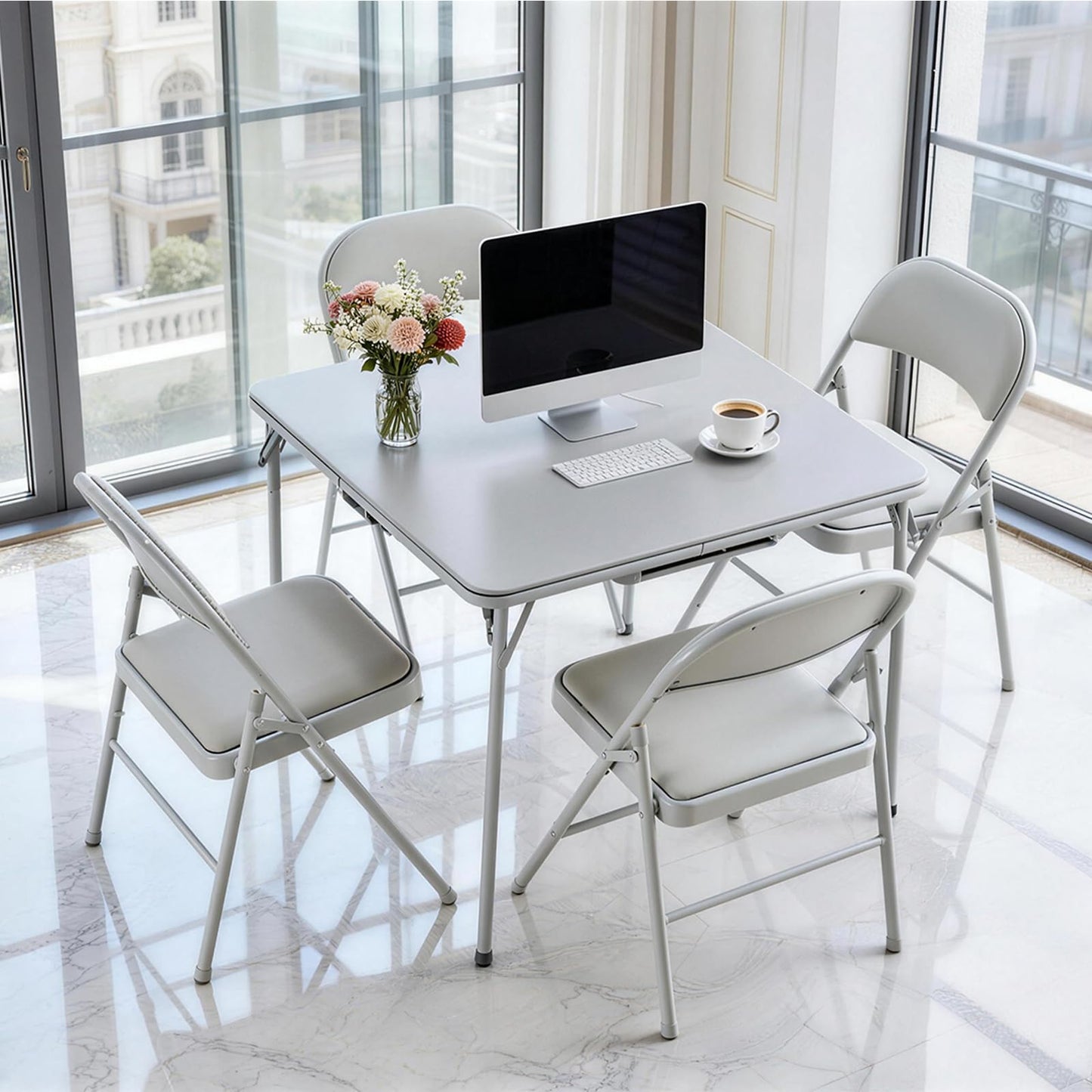 CHAIRABLE Square Folding Table, Portable Heavy Duty Card Table with Vinyl Top, Indoor Outdoor Foldable Table for Party, Picnic, Camping, Office & Events (White)