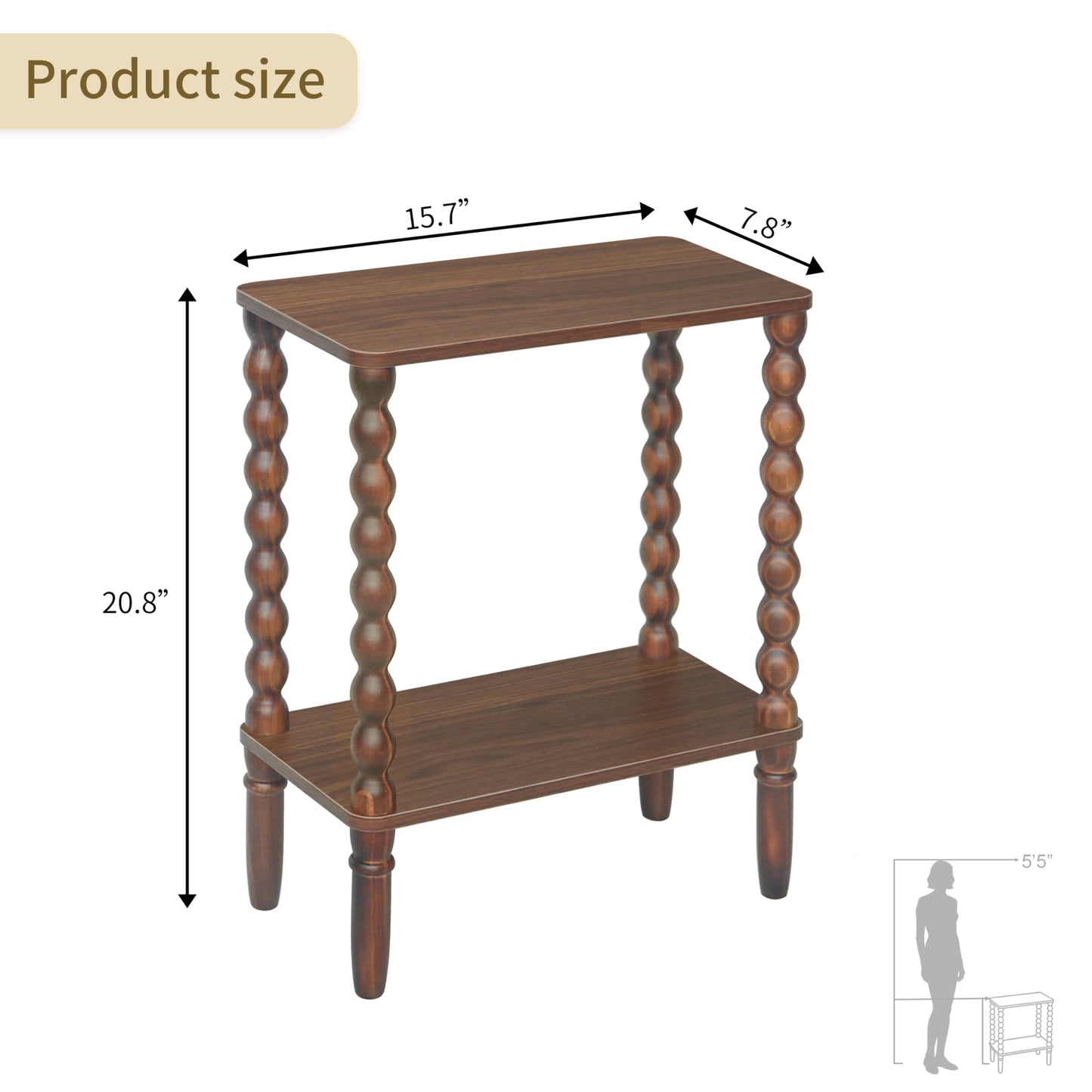 Fultyle Small Narrow Side Table, Skinny End Table Living Room with 2-Tier Storage, Narrow Accent Table Slim Nightstand for Small Spaces, Office, Bedroom (Walnut Brown)
