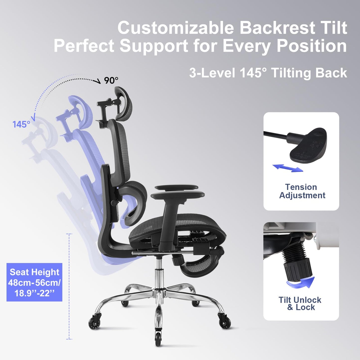 LarkLeaves Office Chair with Footrest, Ergonomic Chair with Neck Pillow & Rubber Wheels, Computer Chair with Adjustable Backrest & 3D Armrests Headrest, Gaming Chair Adaptive Lumbar Support, Black