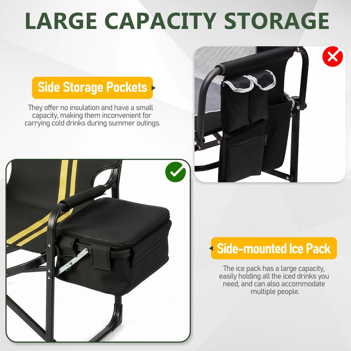 Outvita Heavy Duty Folding Camping Director Chair with Insulated Cooler Bag, Side Table & Cup Holder, 300LBS Sturdy Portable Chair for Camping Fishing Tailgating Backyard BBQ