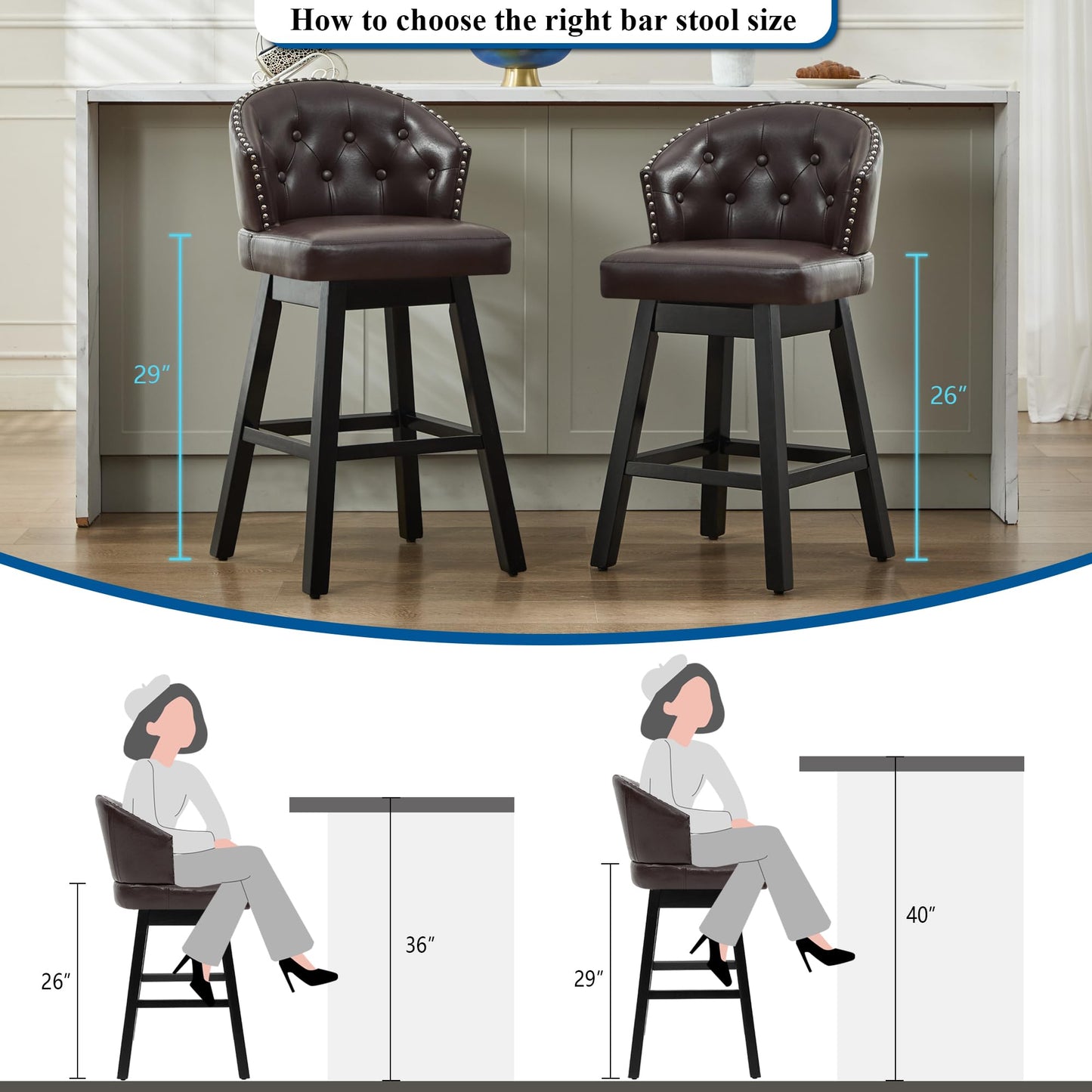 UDAX 29''Swivel Bar Stools Set of 2, Upholstered Barstools with Backs, Modern Counter Height Bar Stool Chairs for Kitchen Island, Wood Legs, Counter Stools