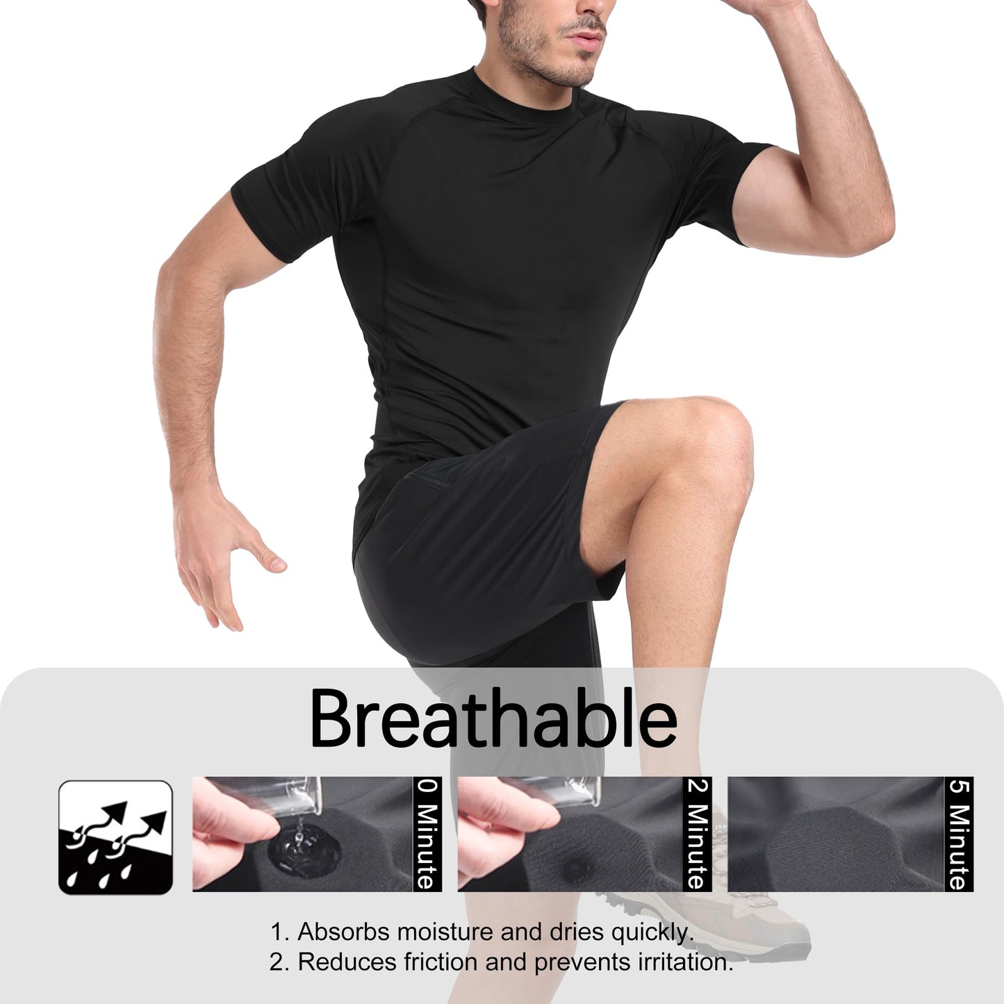 HovSiyla 5 Pack Men's Compression Shirts Cool Dry Short Sleeve Baselayer Athletic Workout T Shirts Black-L