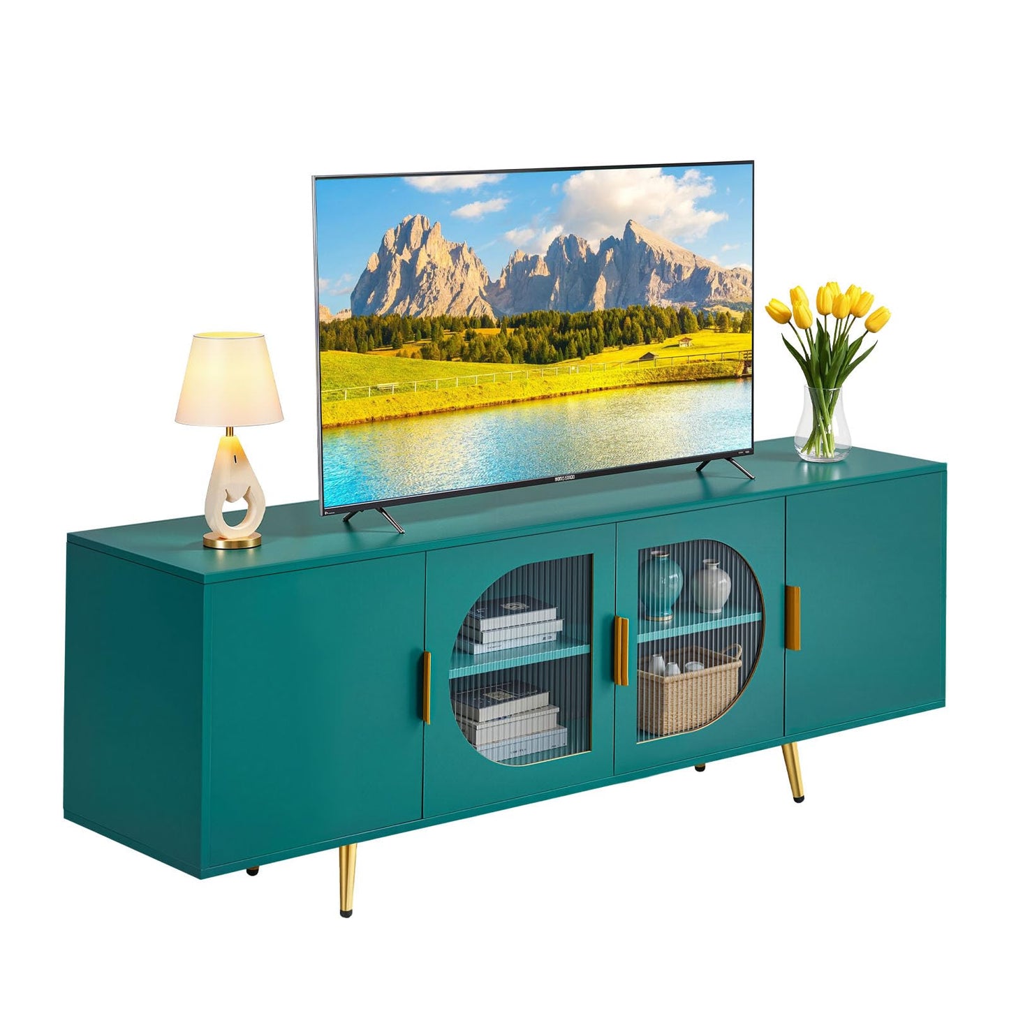 VEVOR TV Stand for TVs up to 75 inch, Modern Entertainment Center with Glass Doors and Gold Legs, TV Storage Cabinet with Adjustable Shelves, Wood Media Console for Living Room and Bedroom, Dark Green