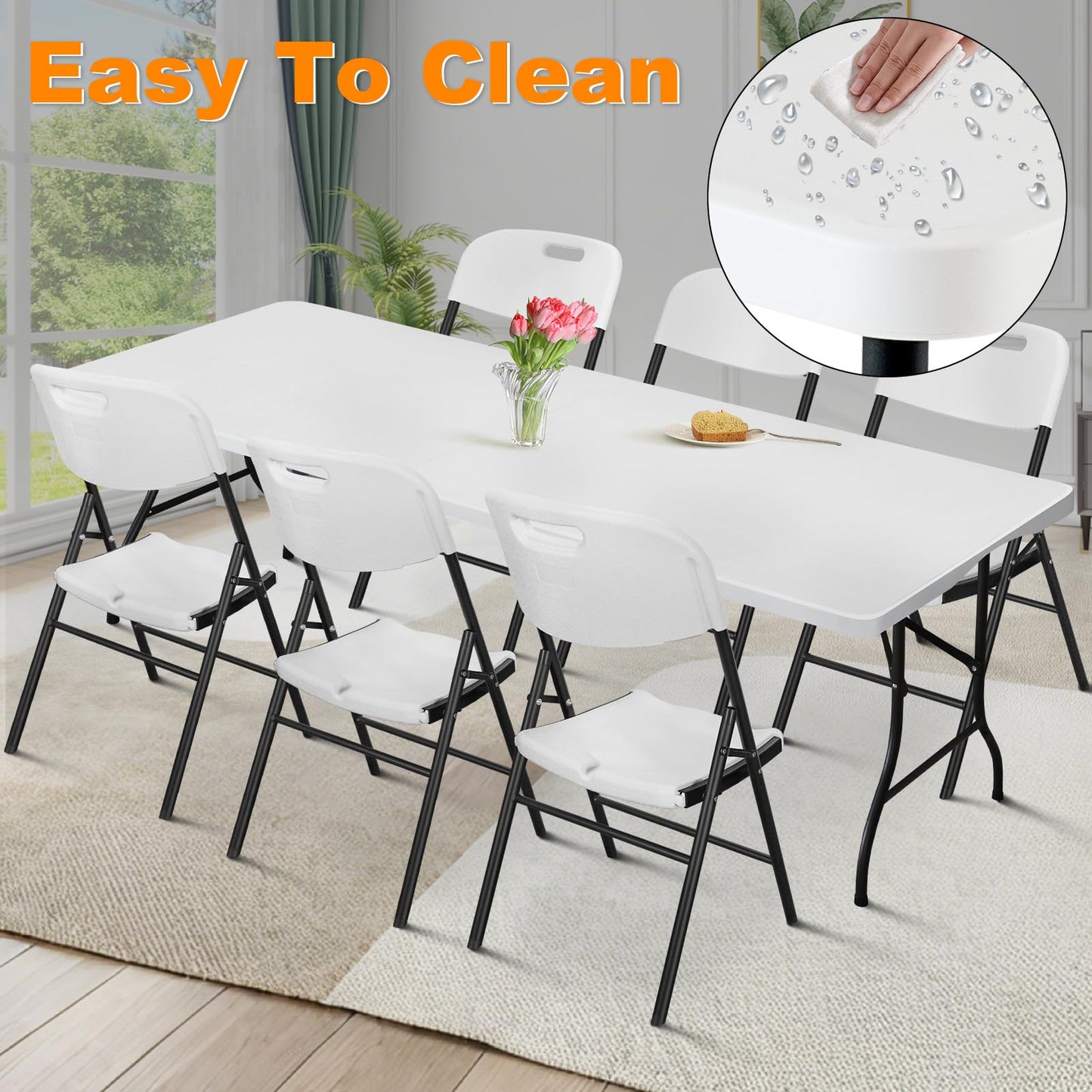 FROASISPRO 6ft Folding Table, Portable Heavy Duty Plastic Fold-in-Half Utility Table for Indoor/Outdoor Use, Dining, Camping, Picnic, Party, White