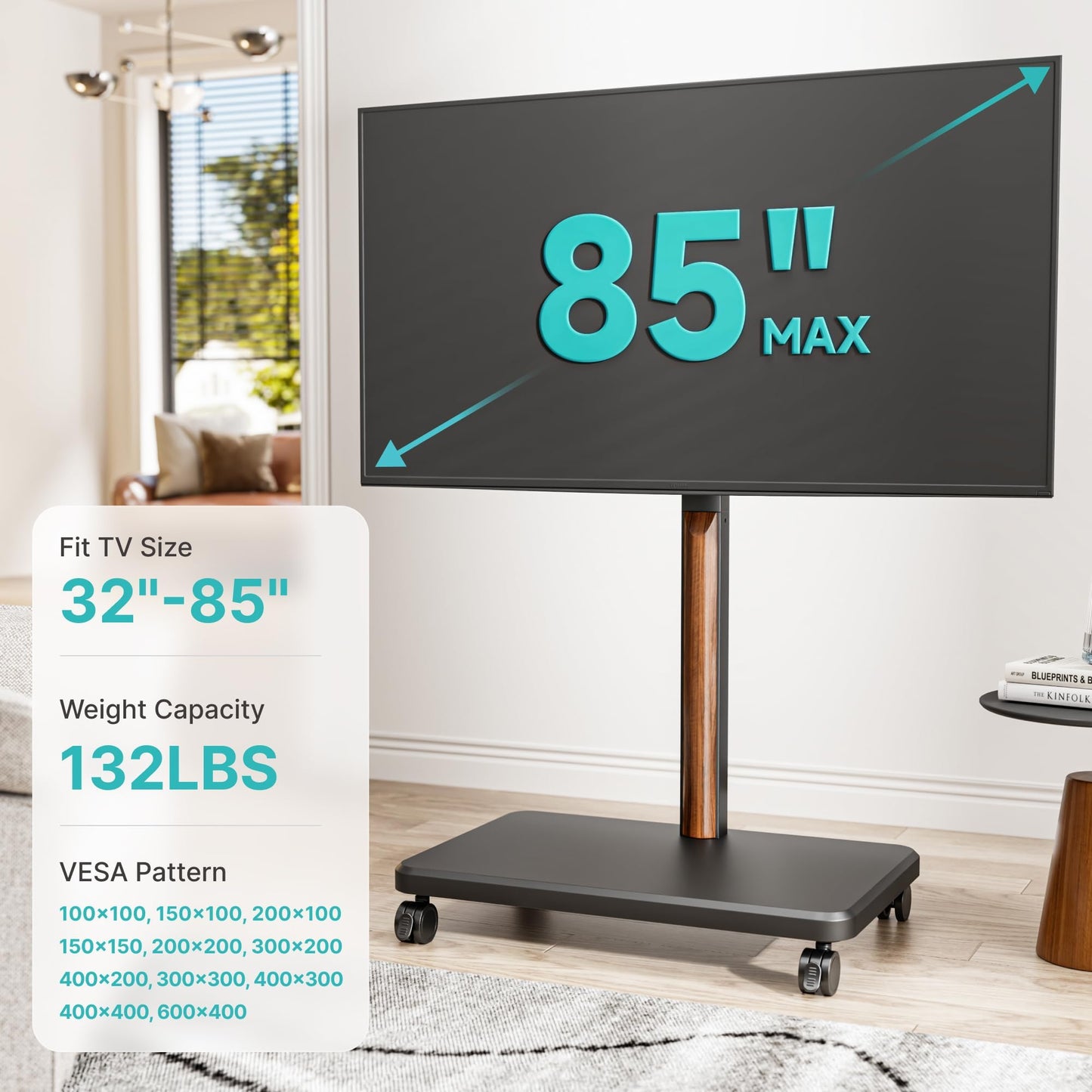 Pegzone TV Rolling Cart for 32-85 Inch LCD LED OLED Screen up to 132 Lbs, Adjustable Mobile TV Stand for Bedroom Living Room, Swivel TV Mount with Wheels, Max VESA 600 * 400mm, Black