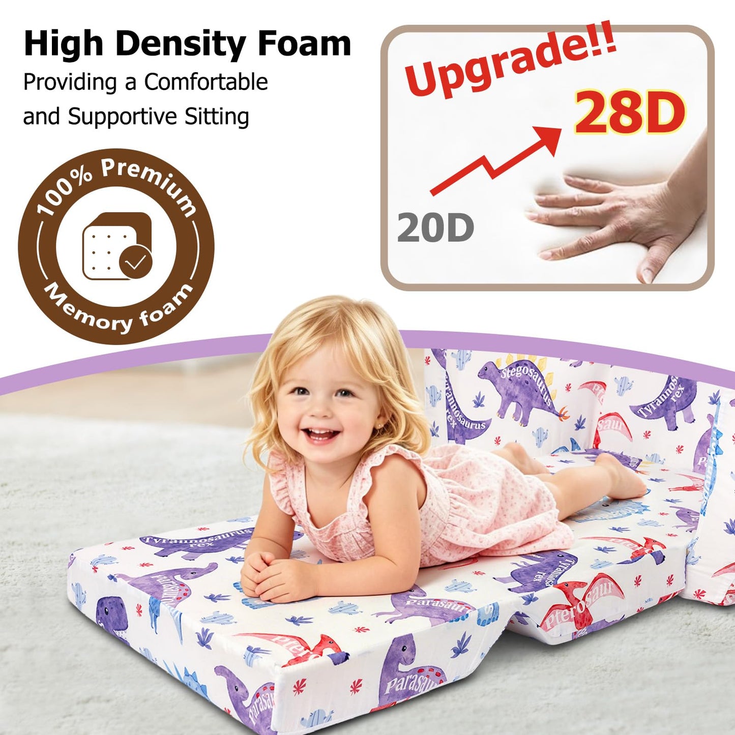 Beavtaens Kids Couch, 2-in-1 Kids Fold Out Couch, Convertible Sofa to Lounger for Girls and Boys, Soft Toddler Chairs Comfy 1-3 Years Old - White Dinosaur